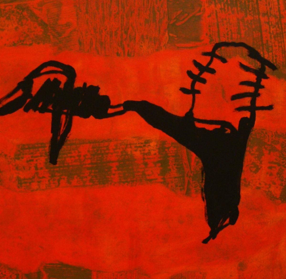 Ruz 8 Big Red Black  Peinture à l'acrylique abstraite carrée originale - Abstrait Painting par RAFAEL RUZ