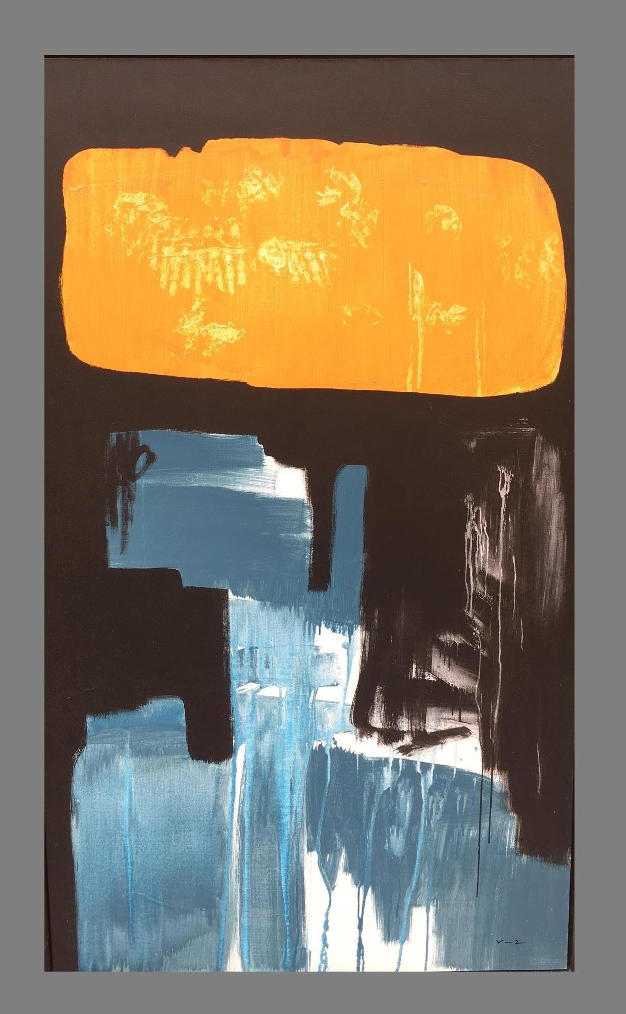 Ruz 8 Schwarz  Goldene   Gelb  Blau   Original abstraktes Gemälde auf Leinwand aus Acryl (Abstrakt), Painting, von RAFAEL RUZ