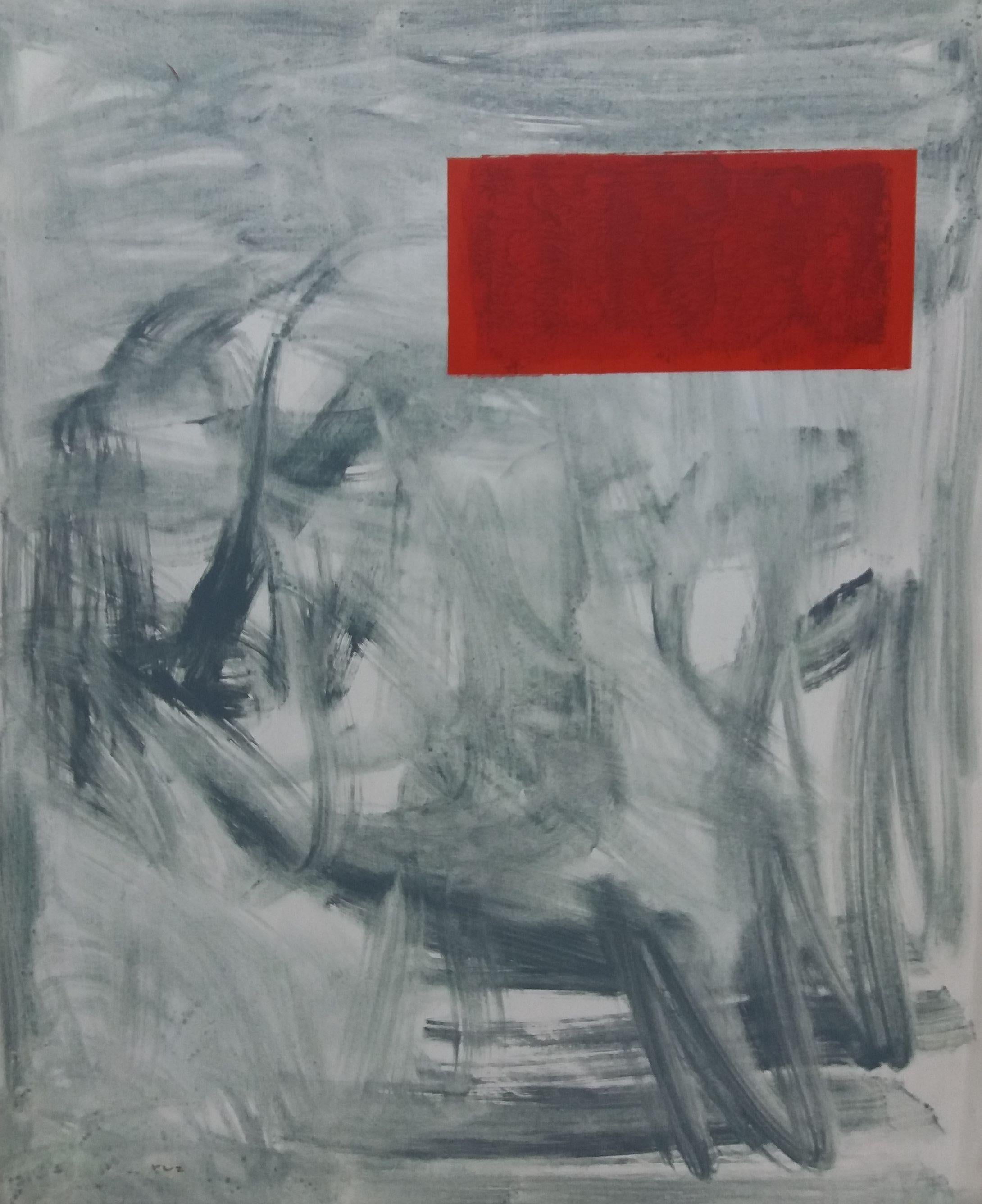 RAFAEL RUZ Abstract Painting - Ruz   Gray  Red original abstract acrylic canvas painting