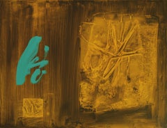 Pintura acrílica abstracta de Ruz en negro, dorado, azul y verde, siglo XXI