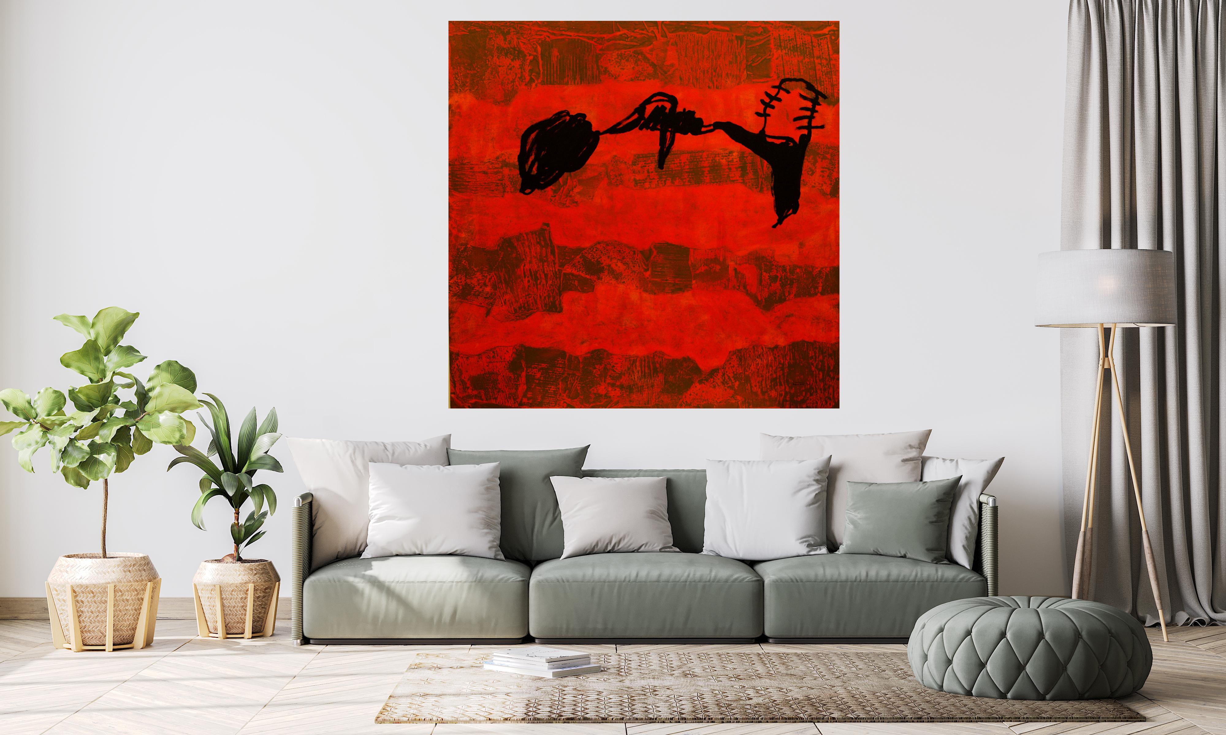 Ruz  Big Red Black  Square original abstract acrylic painting For Sale 1