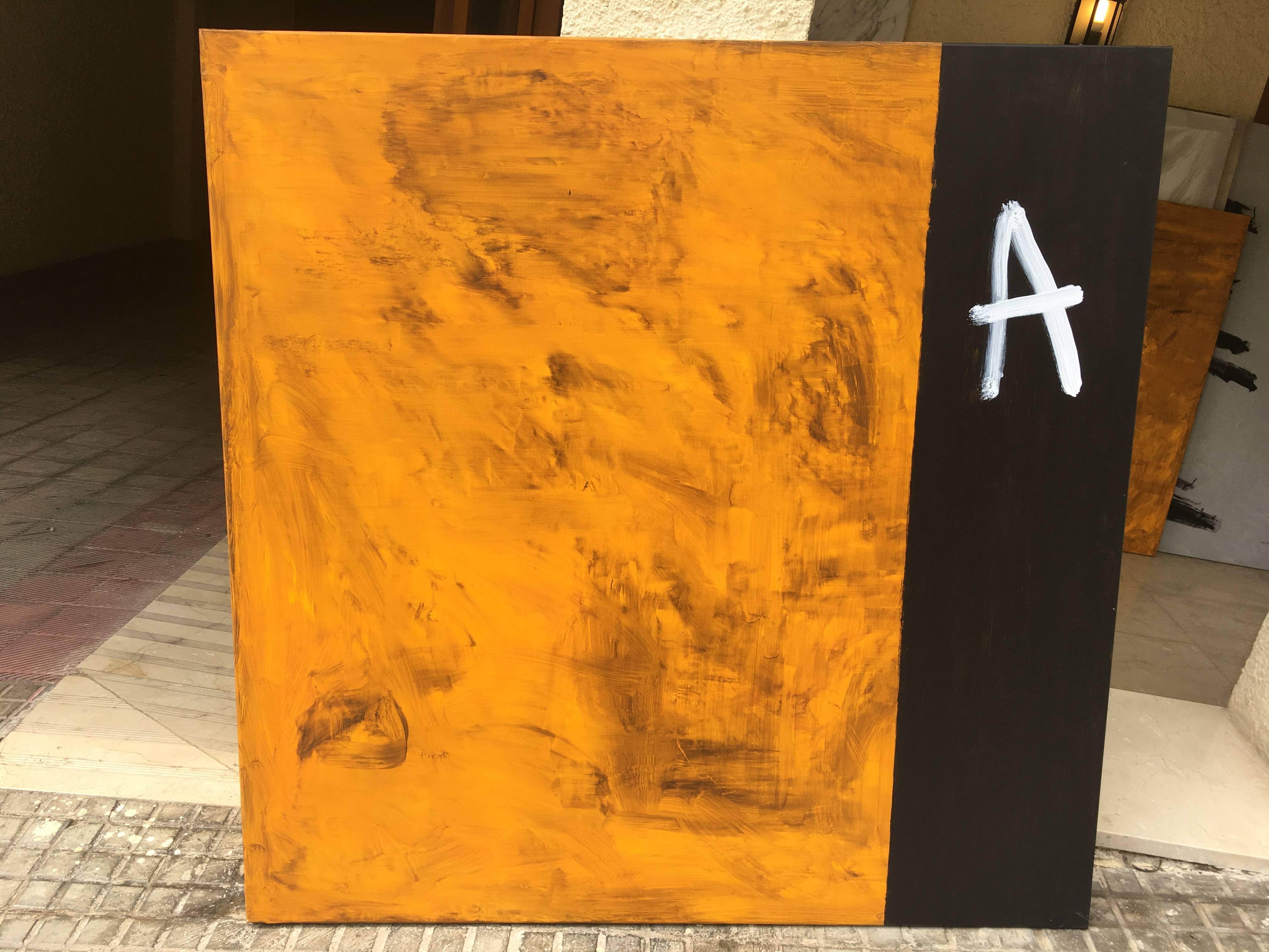 Ruz  Big  Square  Gold and Black original abstract acrylic painting - Orange Abstract Painting by RAFAEL RUZ