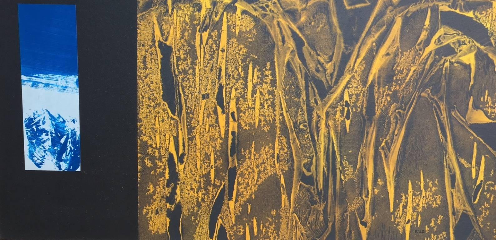 Ruz  Nero  Oro  Giallo  tela acrilica astratta originale - Painting di RAFAEL RUZ