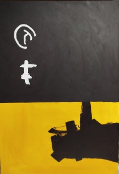 Ruz Black Yellow Abstract Acrylic Painting on Paper, Framed, 2010+