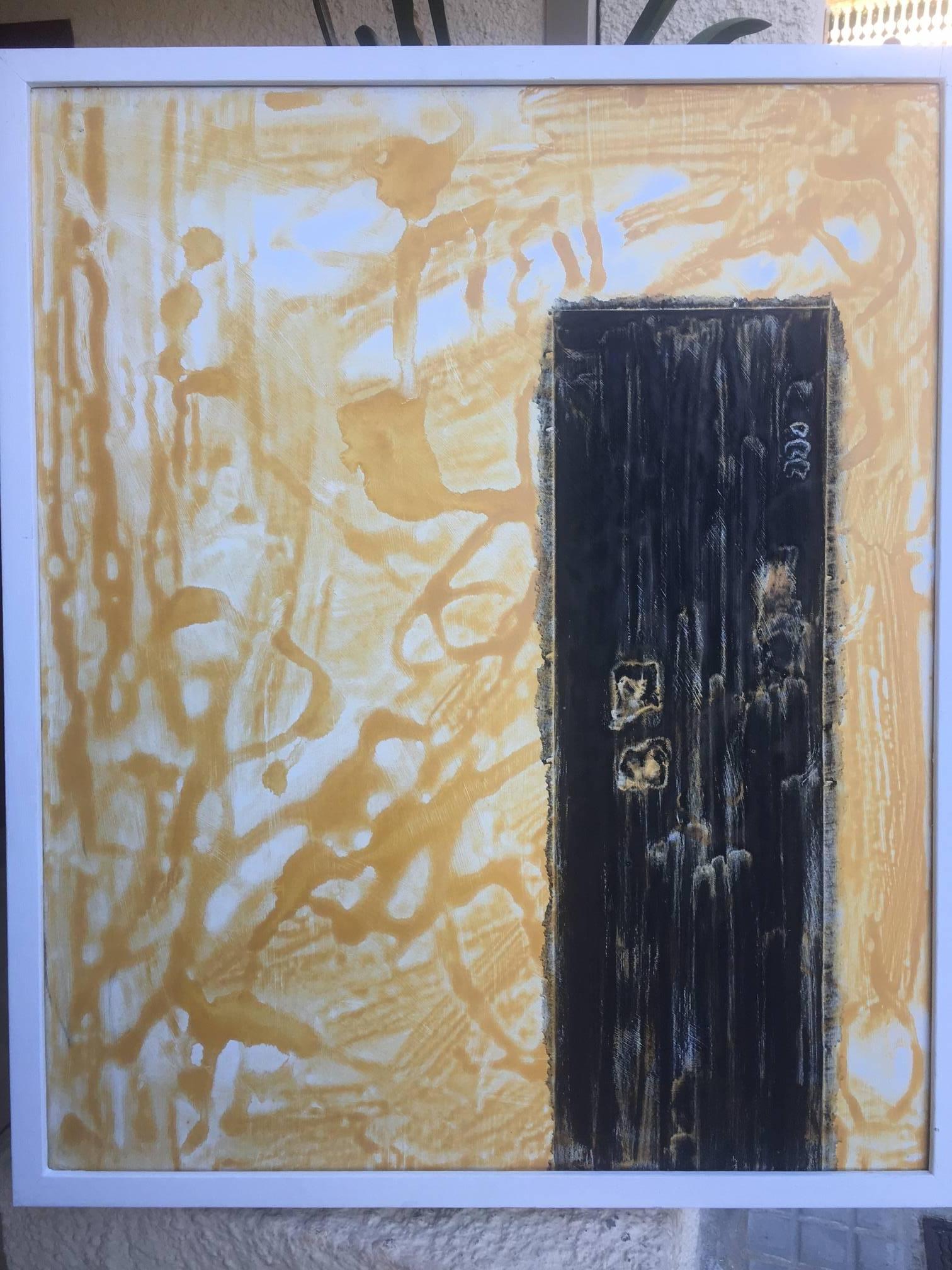 Ruz Golden Black on Yellow     Original- abstract  Acrylic on canvas. painting - Painting by RAFAEL RUZ