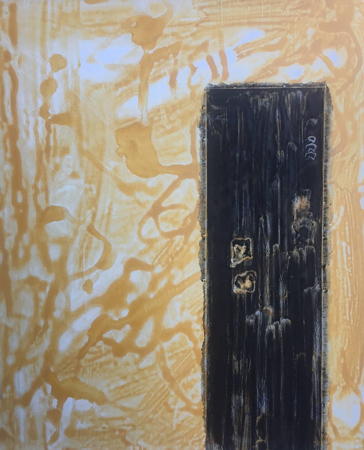 RAFAEL RUZ Abstract Painting - Ruz Golden Black on Yellow     Original- abstract  Acrylic on canvas. painting