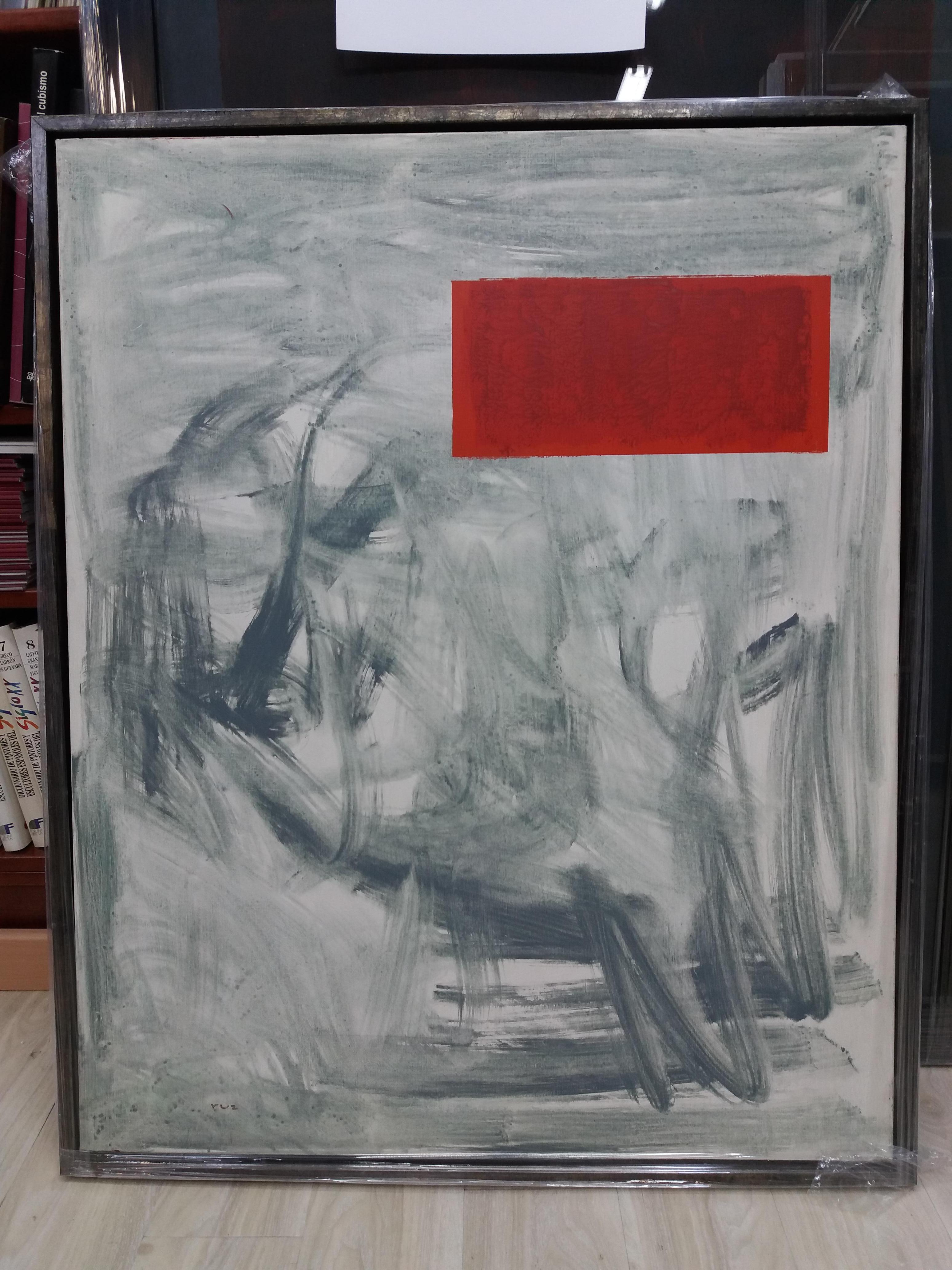 Ruz 8.4  Gray  Red original abstract acrylic canvas painting - Painting by RAFAEL RUZ