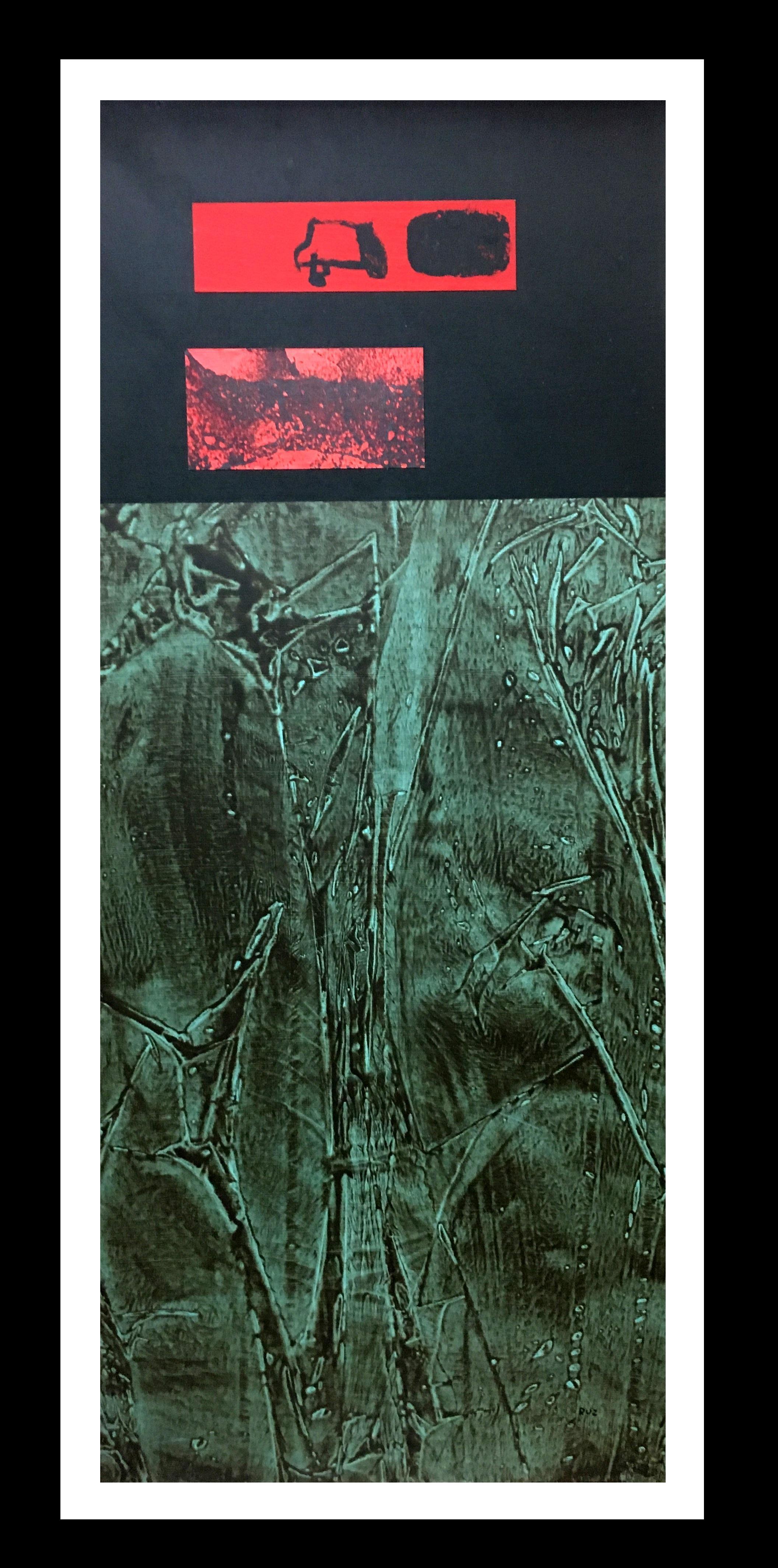 Ruz.  Green Colors Black and Red original abstract acrylic canvas painting