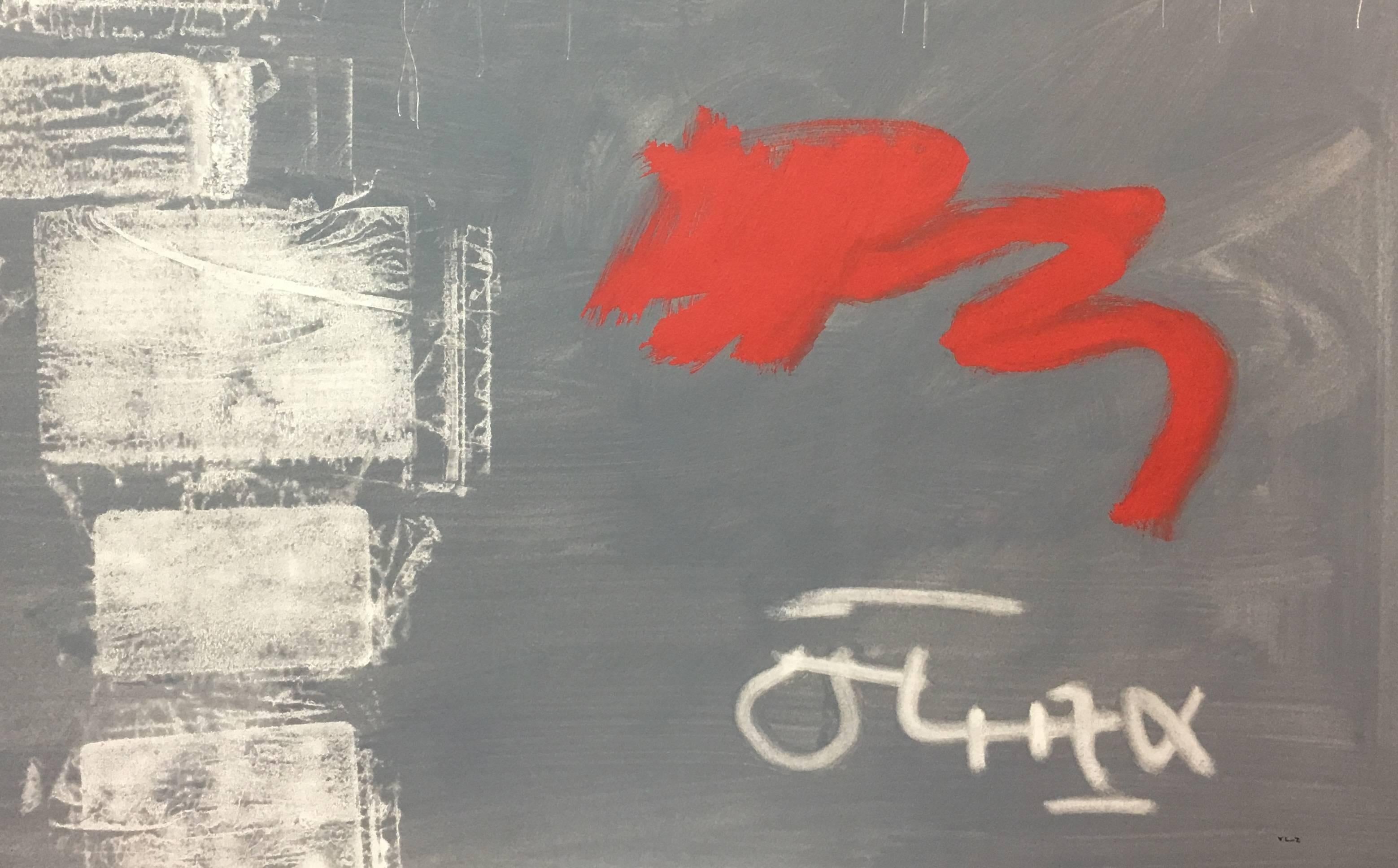 Ruz  Grigio Rosso  Paesaggi - Pittura astratta acrilica su carta in vendita 1
