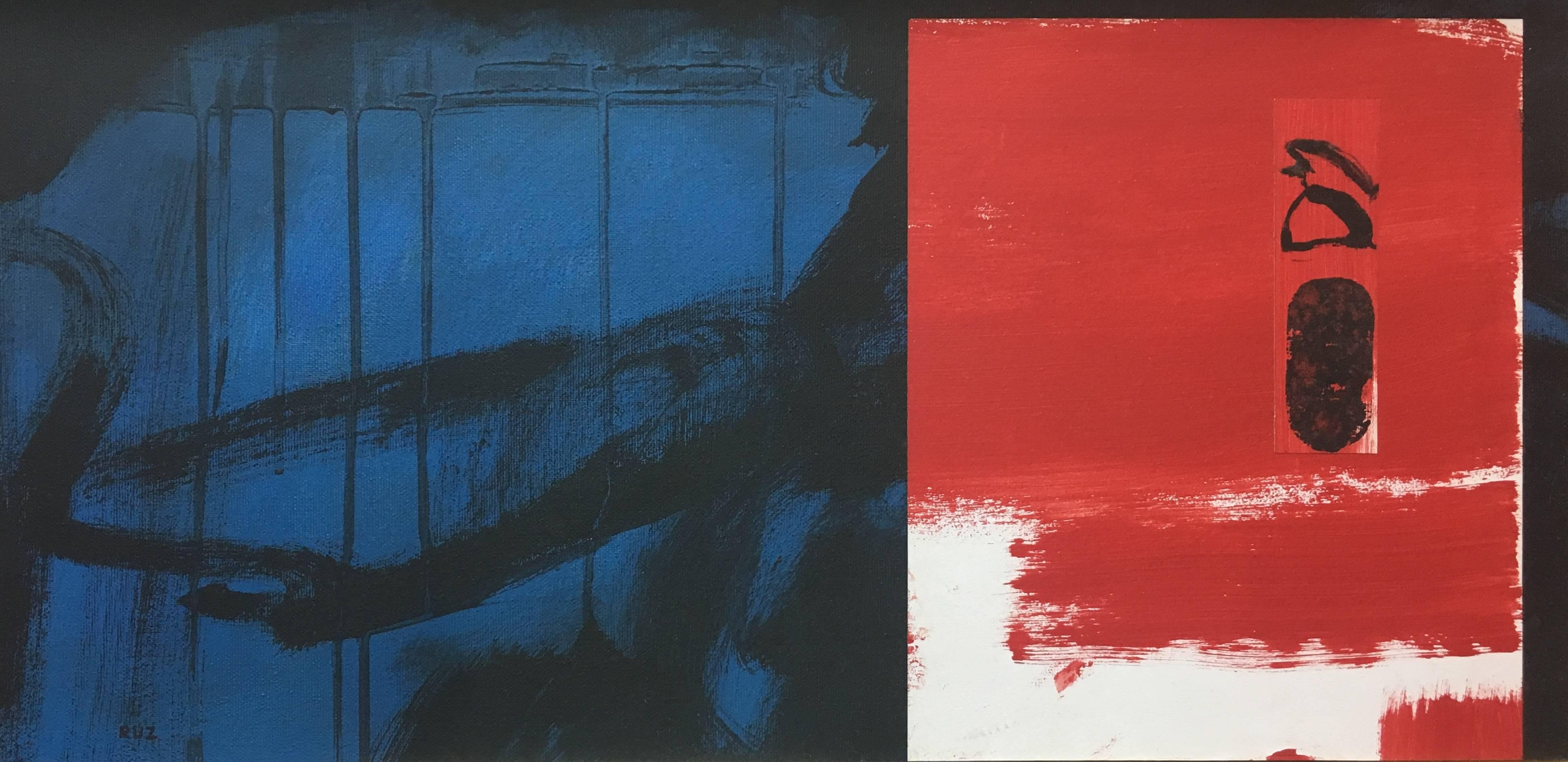 Ruz    Blau-rote Interieurlandschaften – Abstraktes Acryl  Leinwand Malerei – Painting von RAFAEL RUZ