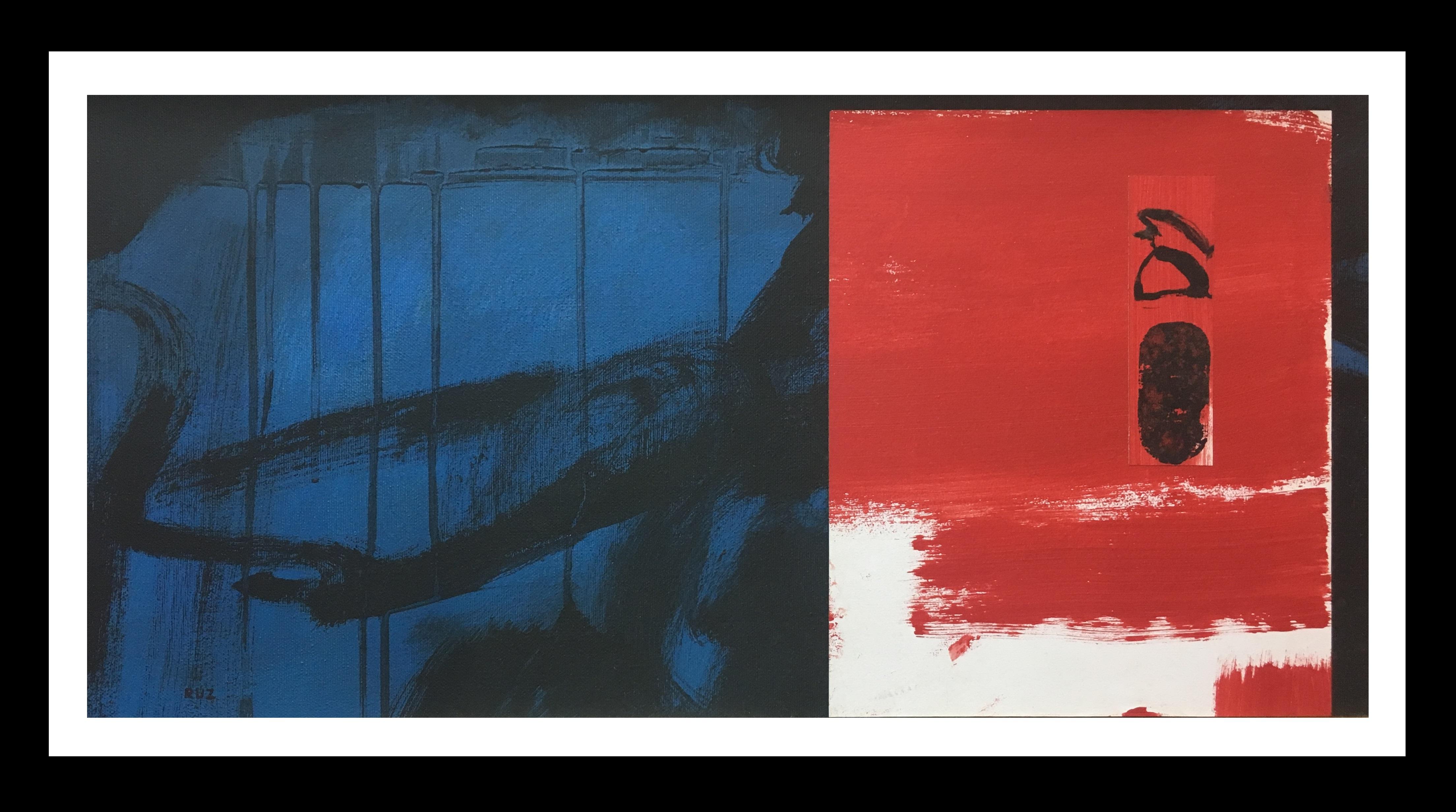 RAFAEL RUZ Abstract Painting – Ruz    Blau-rote Interieurlandschaften – Abstraktes Acryl  Leinwand Malerei