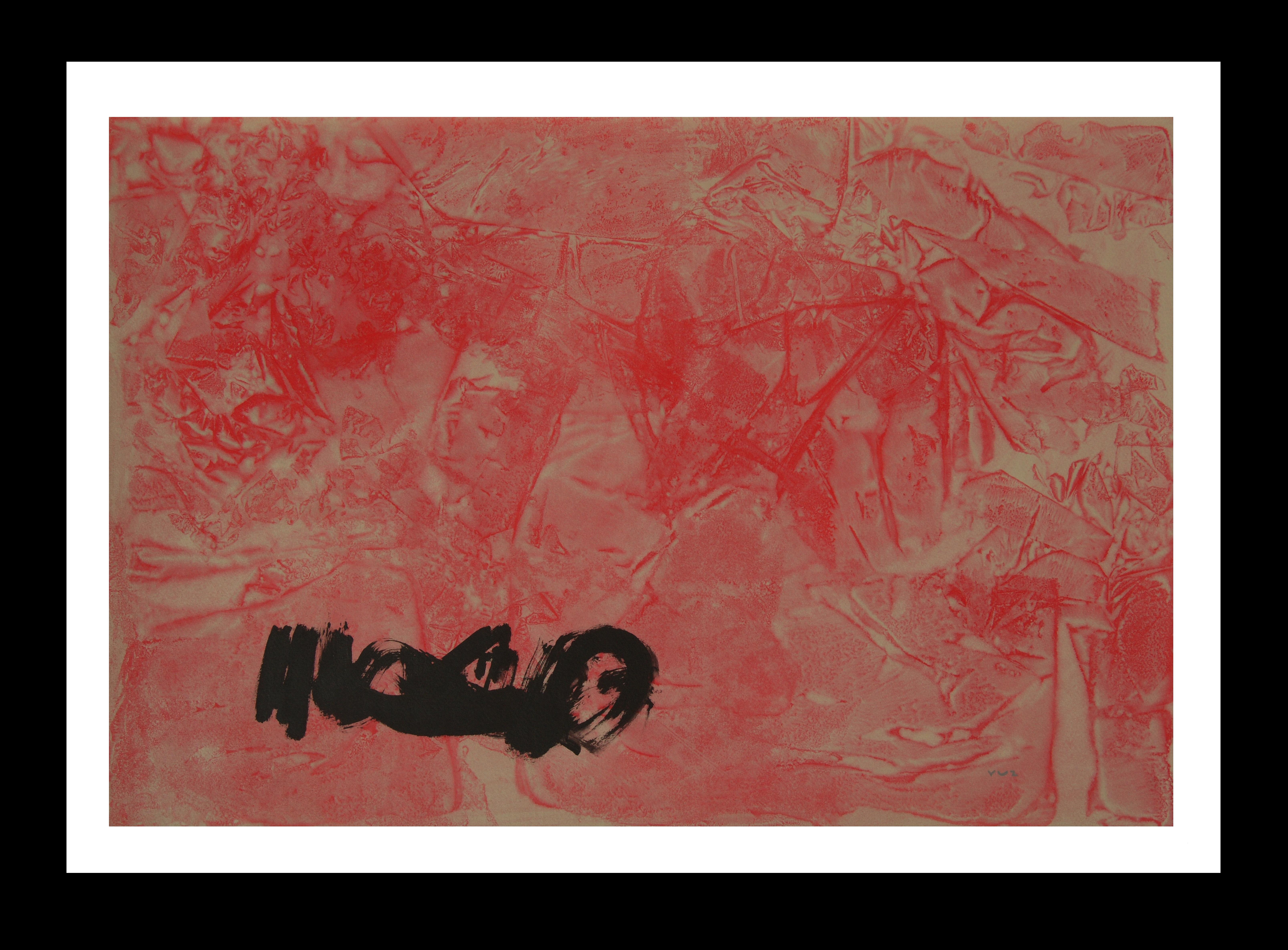 „Ruz“ – abstraktes Acrylgemälde in Rot und Schwarz auf Papier, gerahmt, 21. Jahrhundert