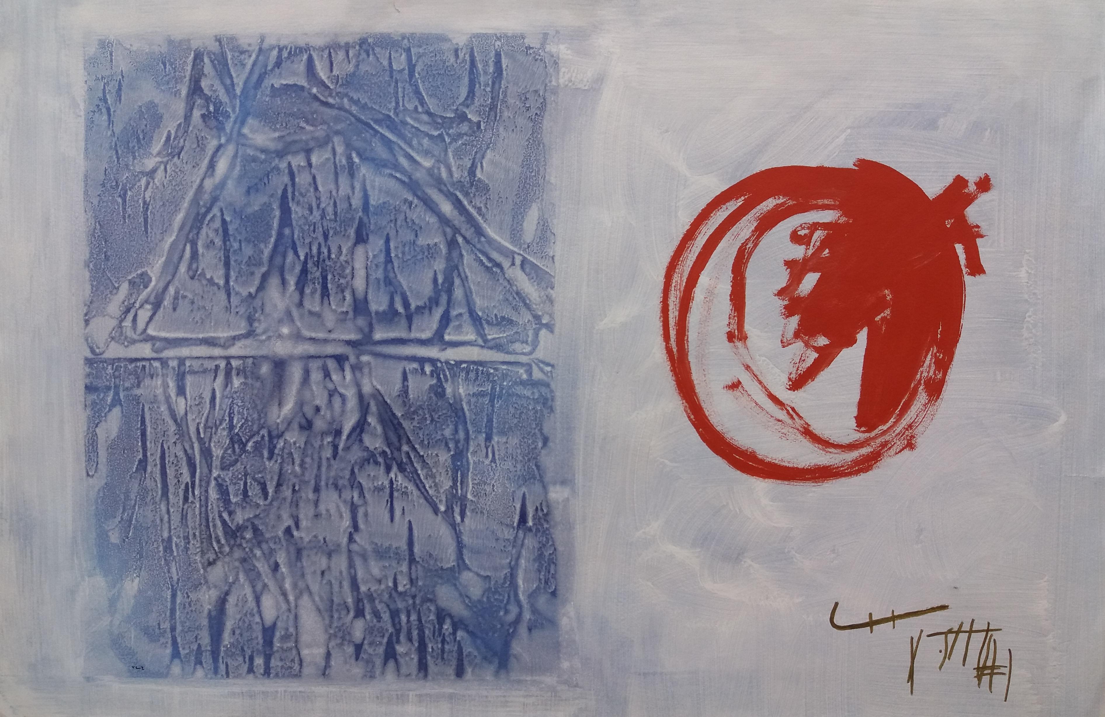 Ruz  Rosso Blu. pittura astratta su carta acrilica - Painting di RAFAEL RUZ