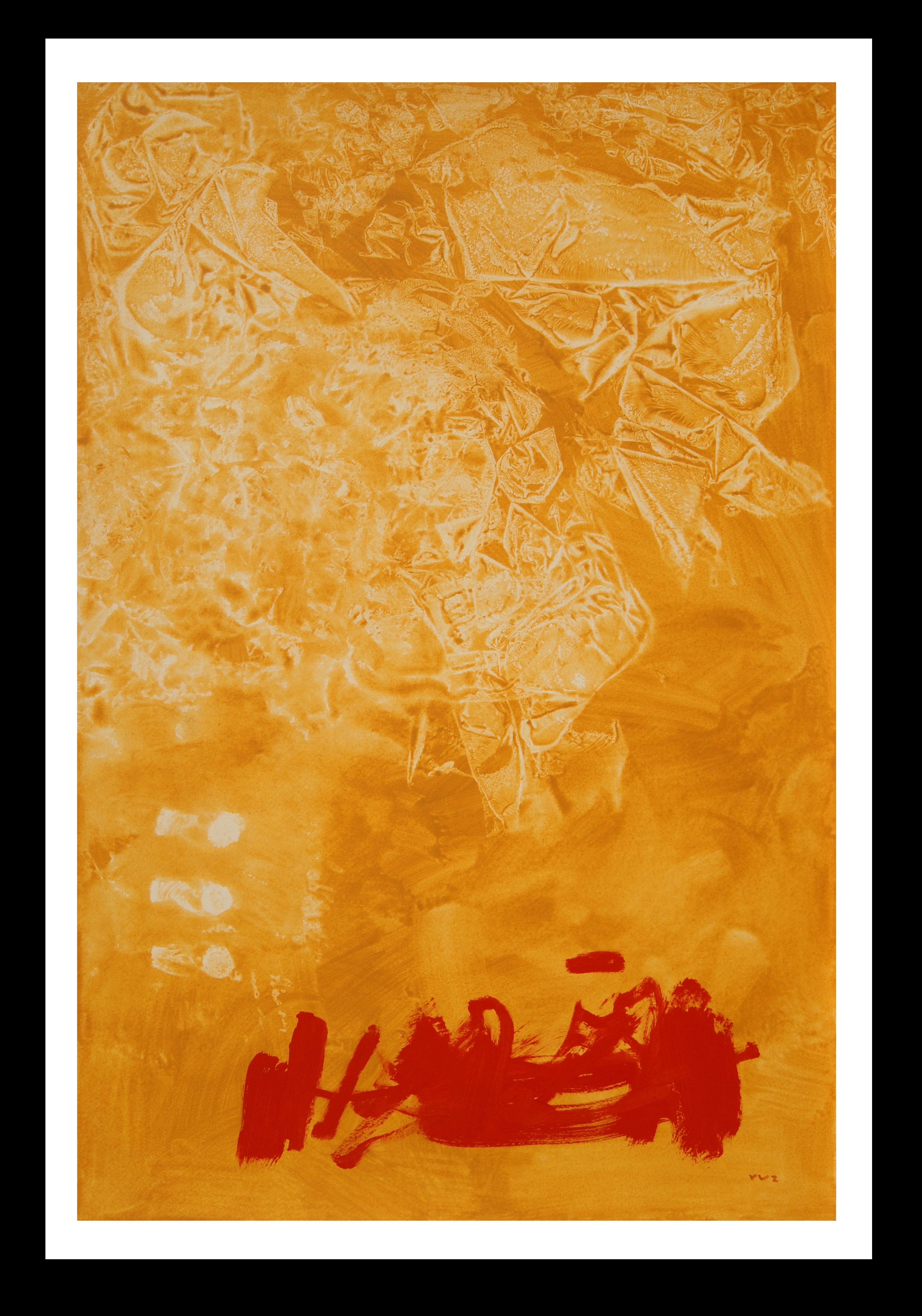 RAFAEL RUZ Abstract Painting - Ruz Red Golden Abstract Acrylic Painting on Paper, Framed Artwork
