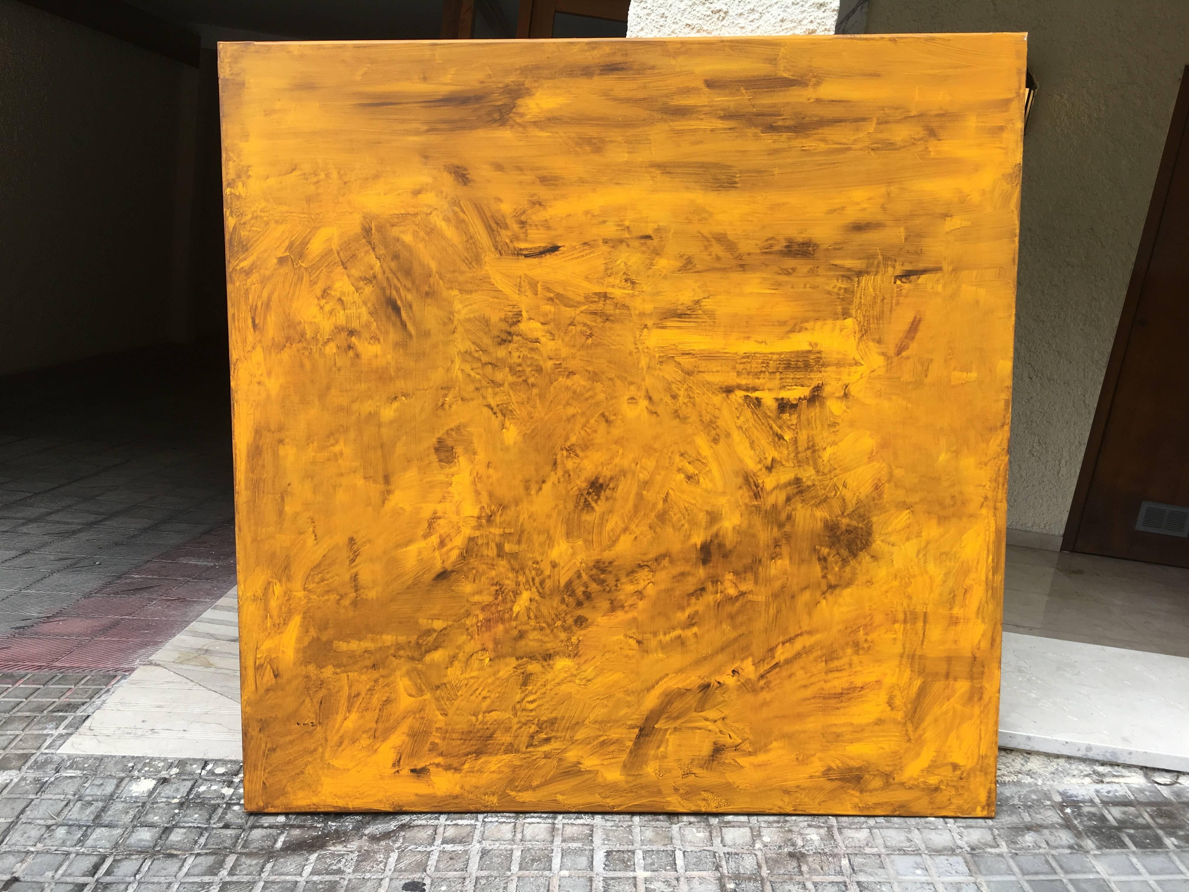 Ruz   Square  Big Golden  Yellow original abstract canvas - Painting by RAFAEL RUZ