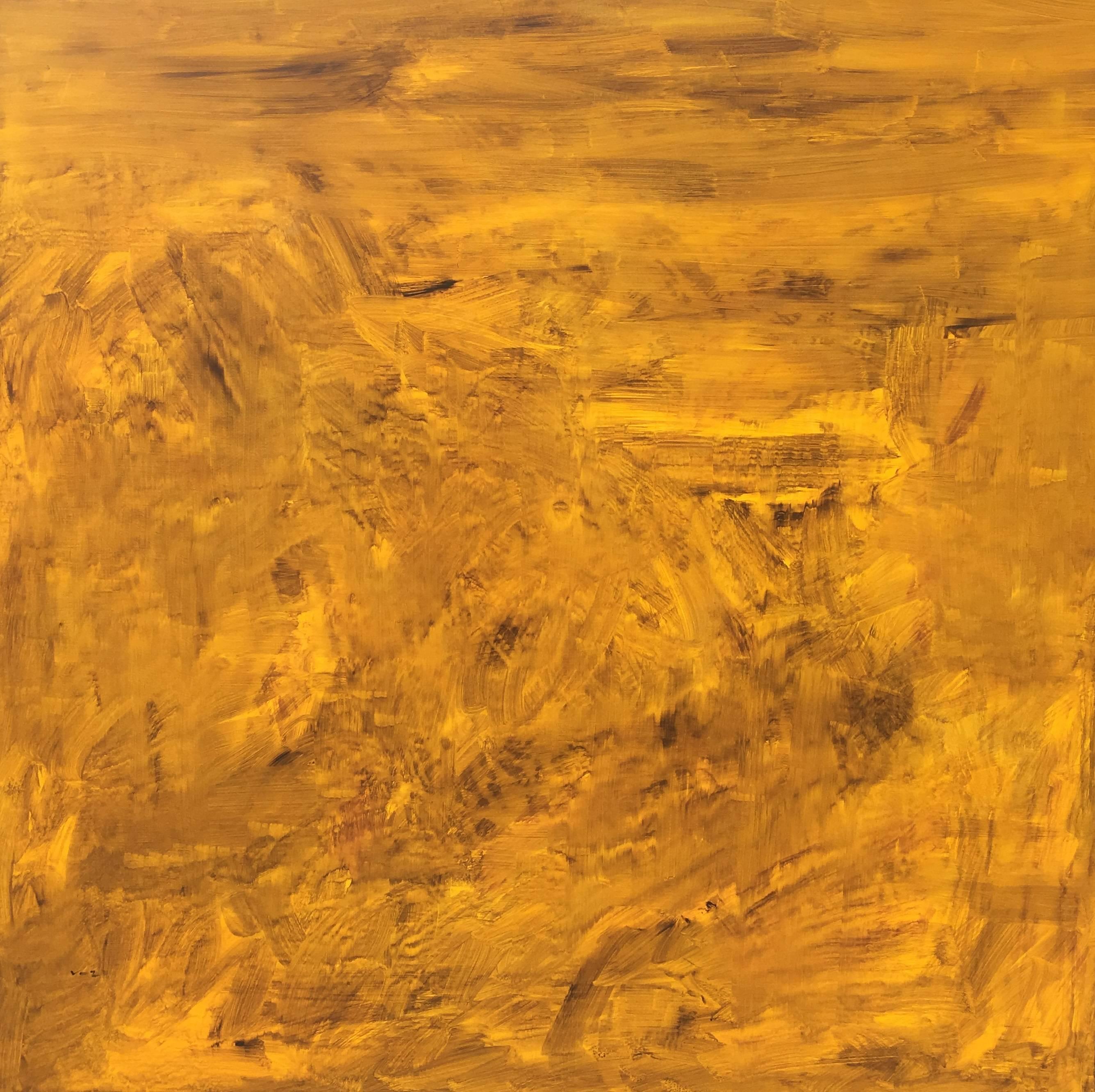 Abstract Painting de RAFAEL RUZ - Ruz  Cuadrado  Gran Dorado  Lienzo abstracto original amarillo