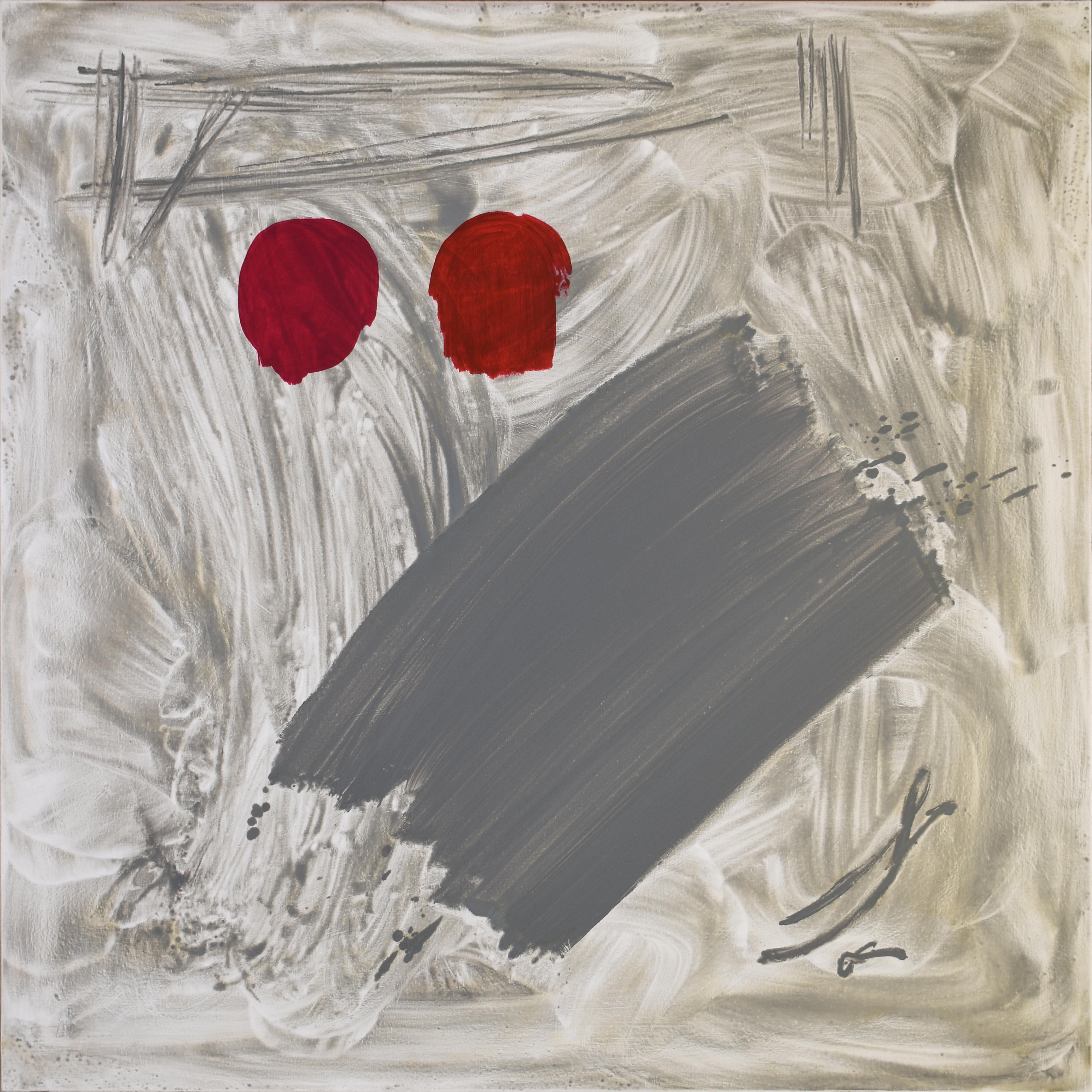 Abstract Painting di RAFAEL RUZ - Ruz  Quadrato  Grigio  Rosso  Grande   aliento - pittura acrilica astratta originale