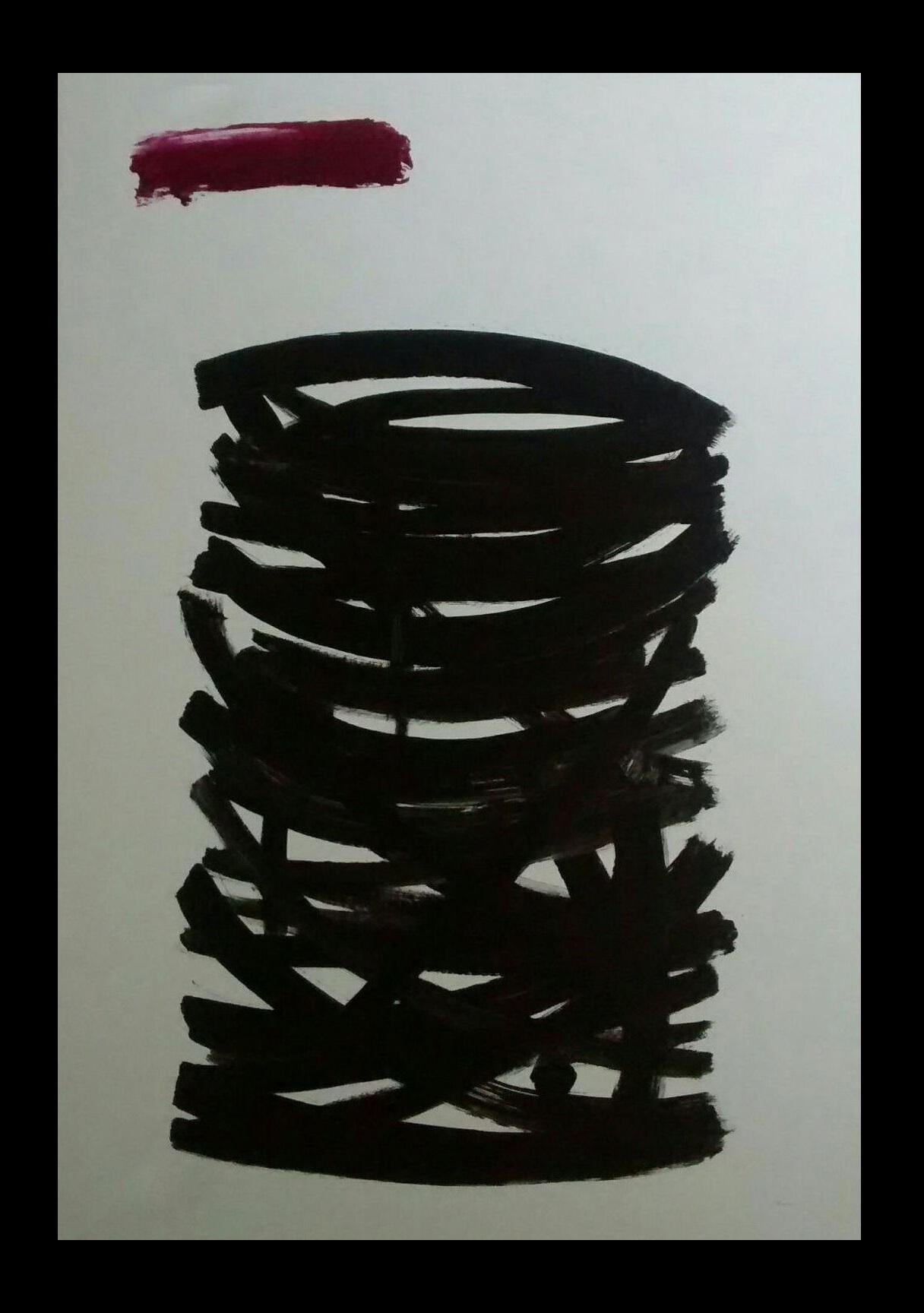 Ruz Vertical   Fondo claro  Negro y rojo. - Painting de RAFAEL RUZ