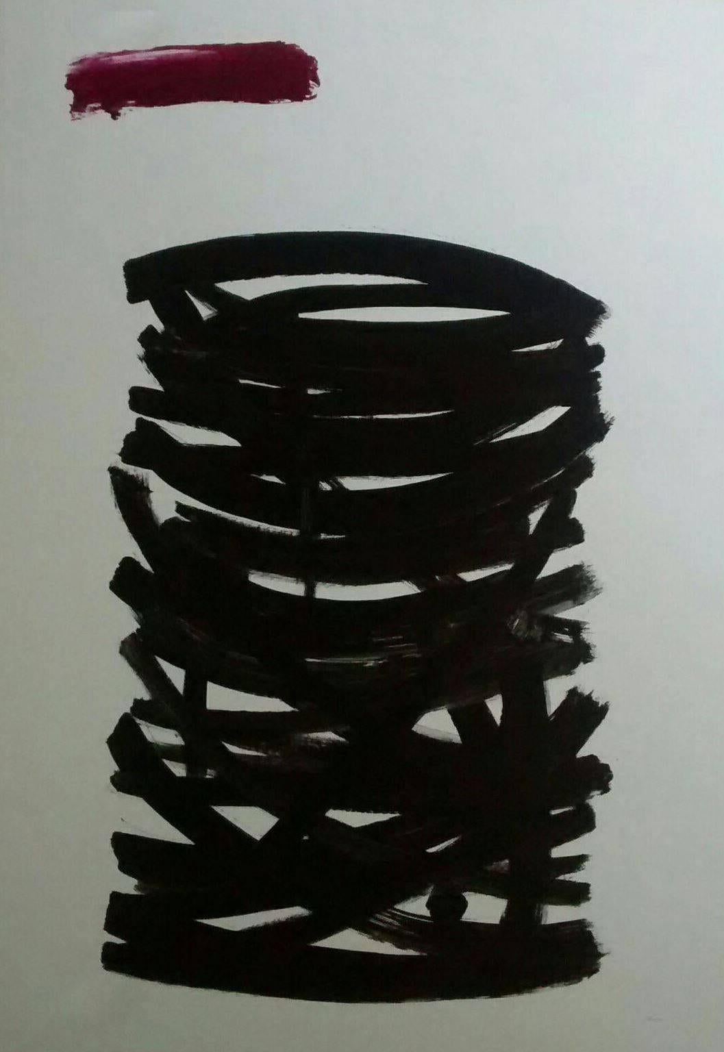 Ruz Vertical   Fondo claro  Negro y rojo. - Painting Abstracto de RAFAEL RUZ