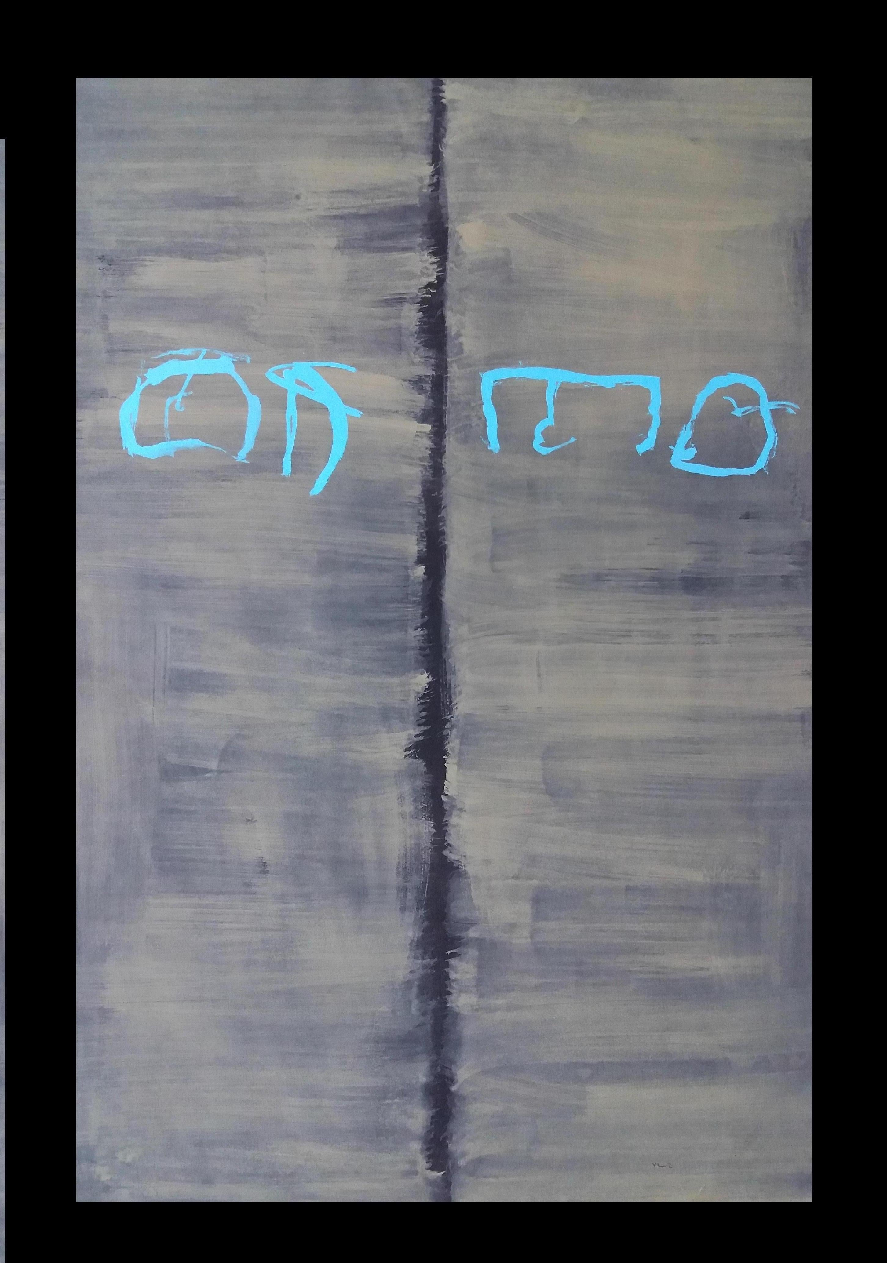 Ruz  Vertical  Green and Gray original abstract acrylic painting - Abstract Painting by RAFAEL RUZ