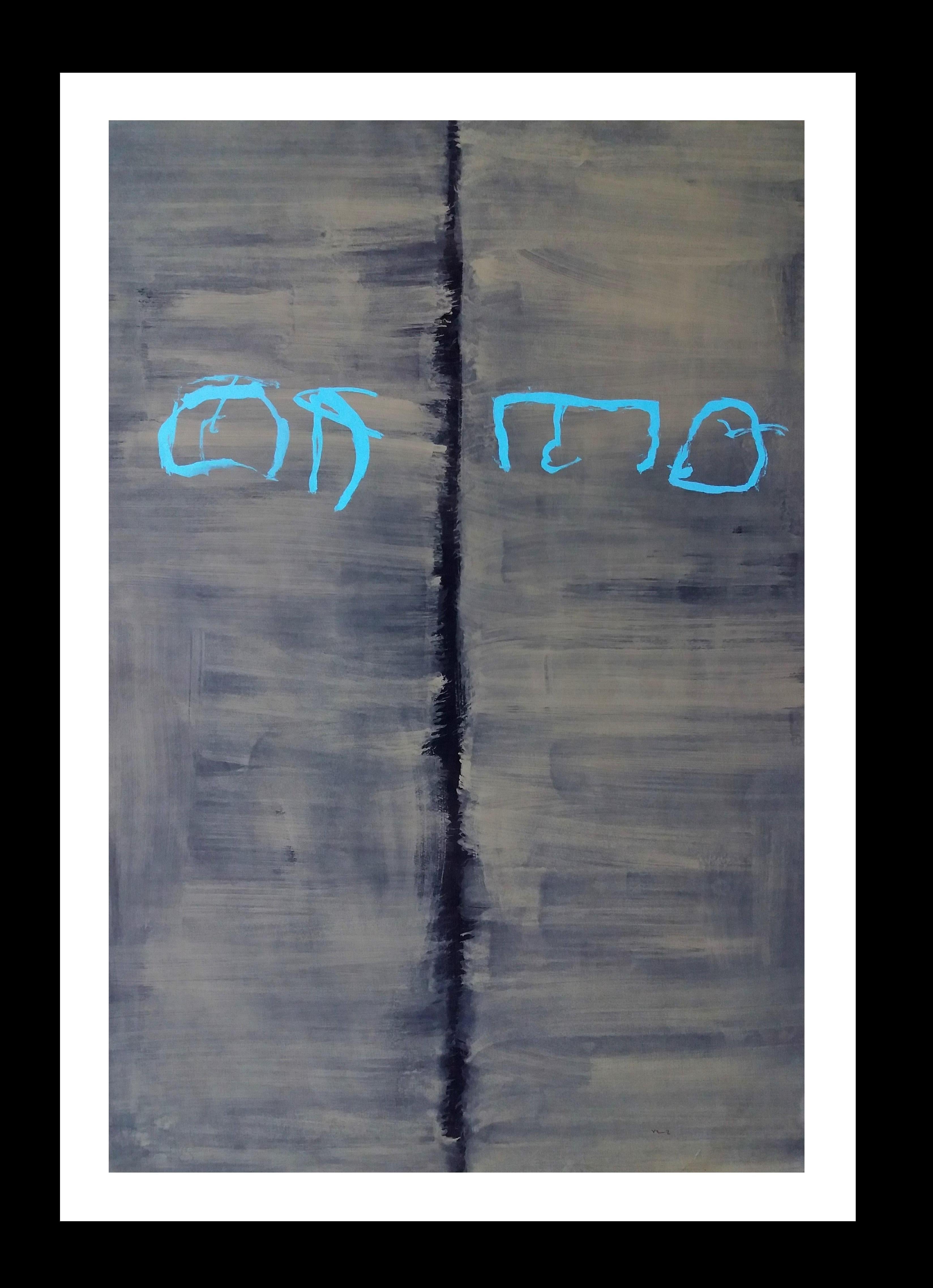 Ruz Senkrecht Grünes und graues originales abstraktes Acrylgemälde