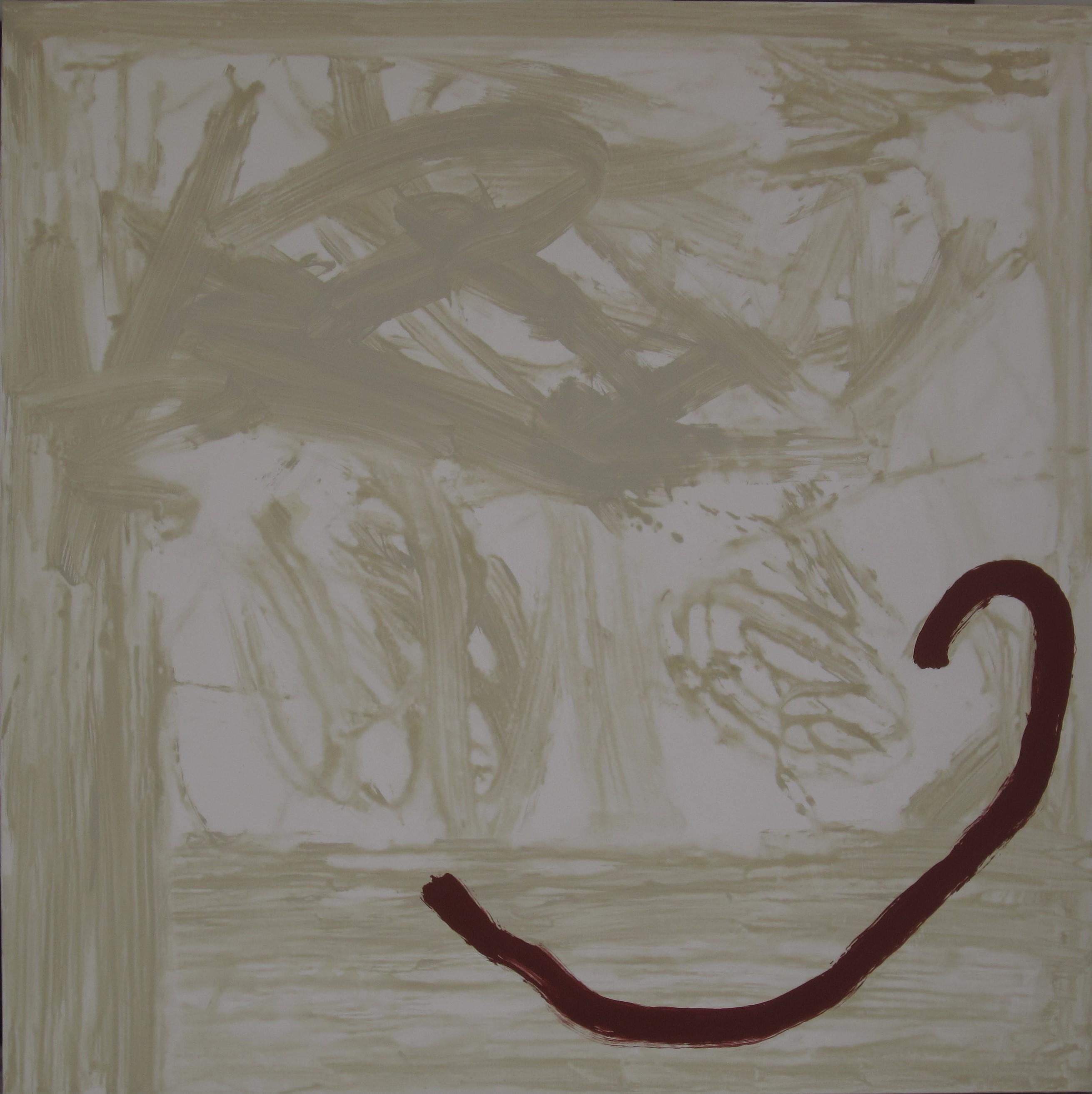  Ruz  quadratisch  Beige und Rot abstraktes Leinwandbild – Painting von RAFAEL RUZ