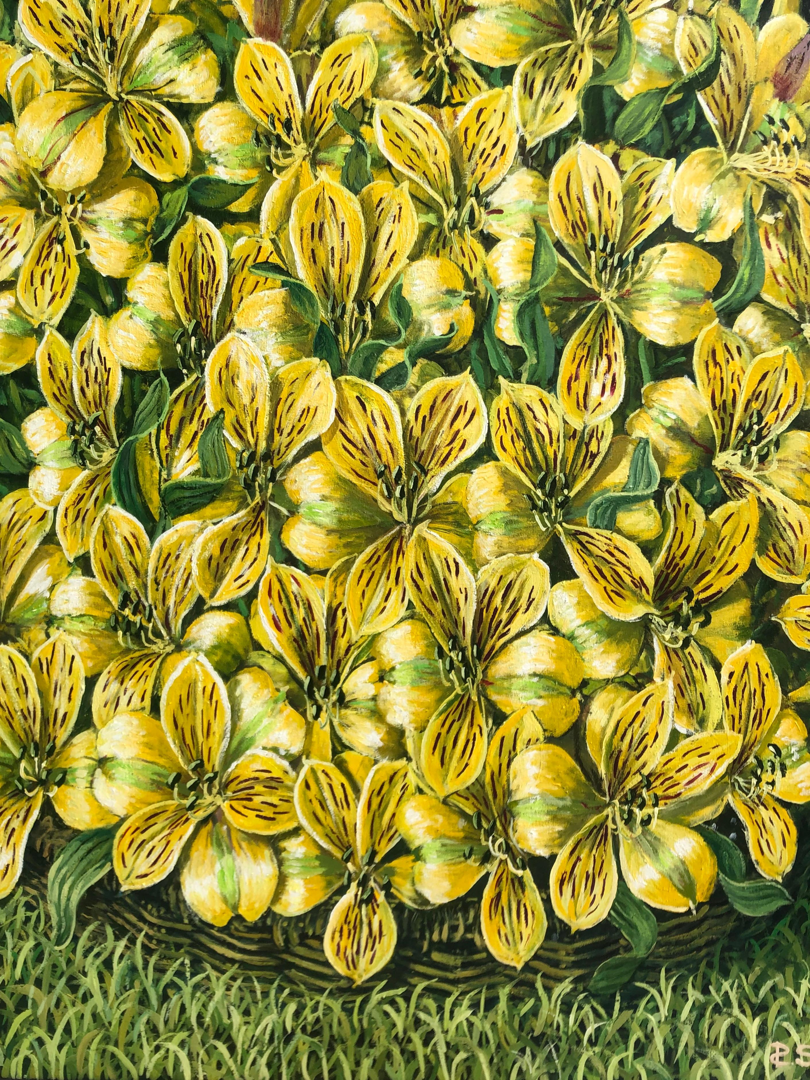 Alstroemeria Yellow Lilys In The Basket large oil painting - Painting by Rafael Saldarriaga
