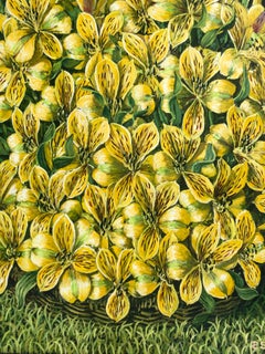 Quadro ad olio di grandi dimensioni con alstroemeria e gigli gialli nel cestino