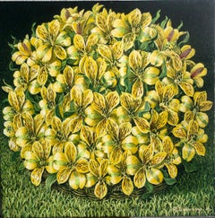 Grande peinture à l'huile Alstroemeria Yellow Lilys In The Basket