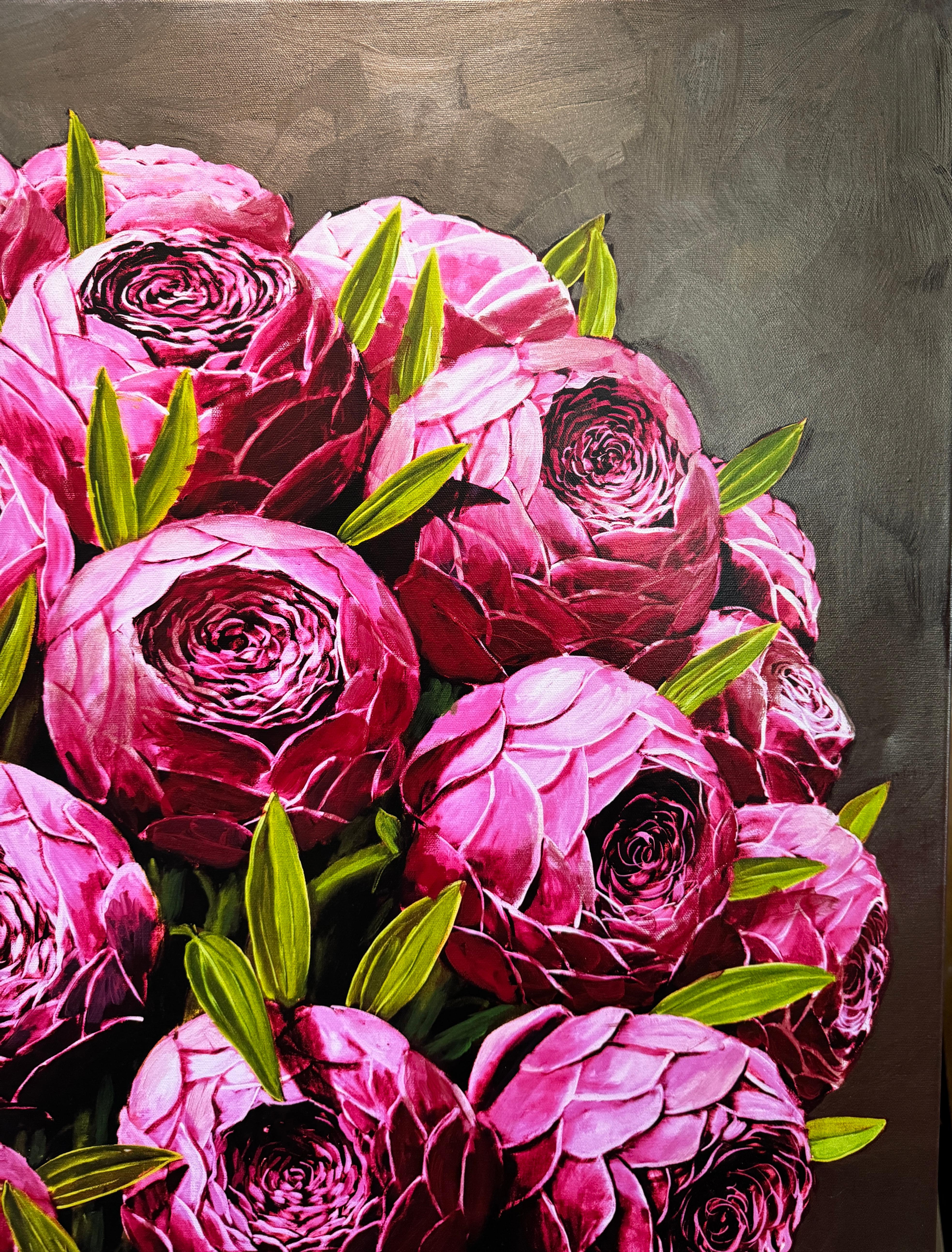 Panier pleine de fleurs - Marron Still-Life Painting par Rafael Saldarriaga
