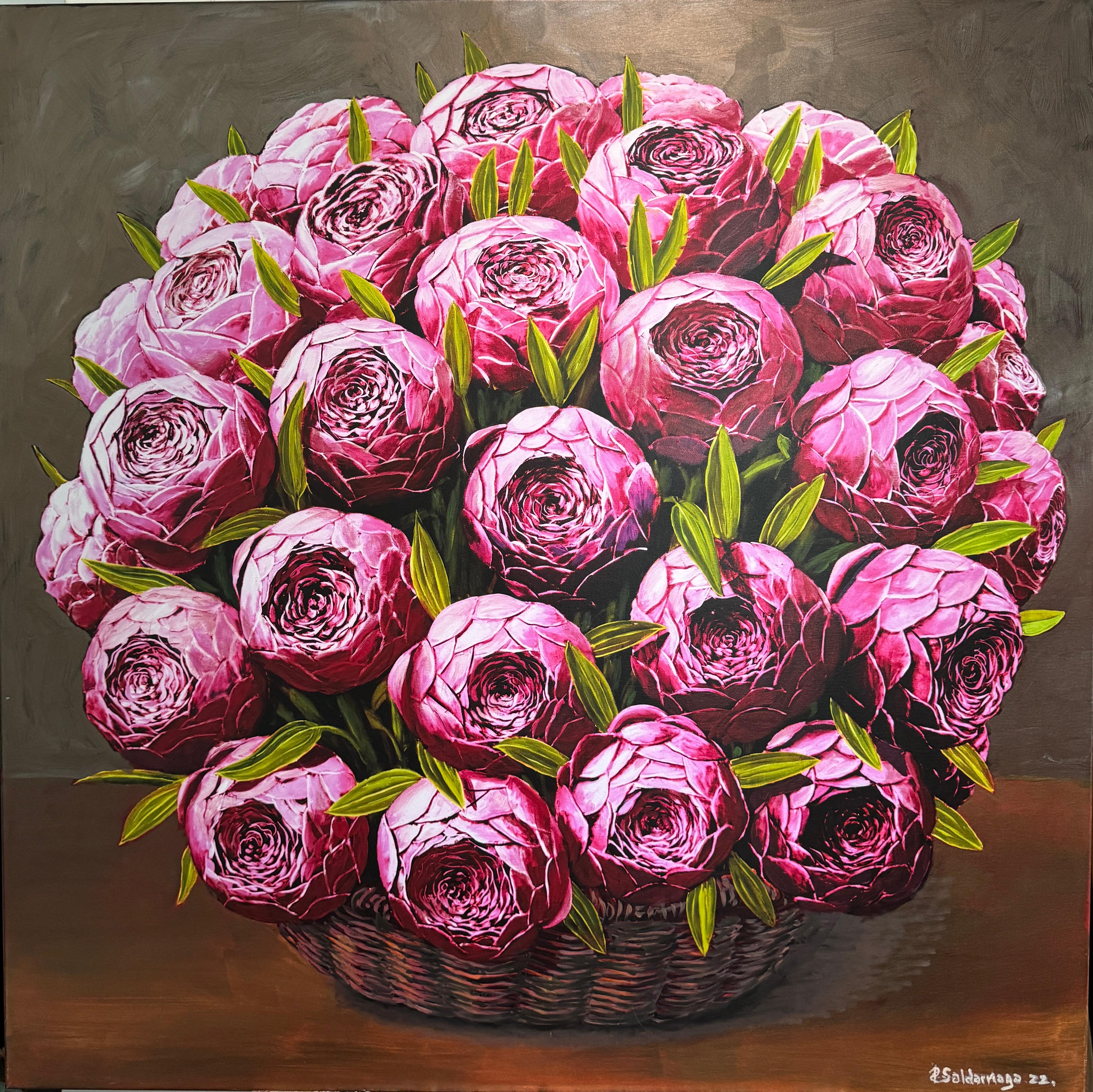 Still-Life Painting Rafael Saldarriaga - Panier pleine de fleurs