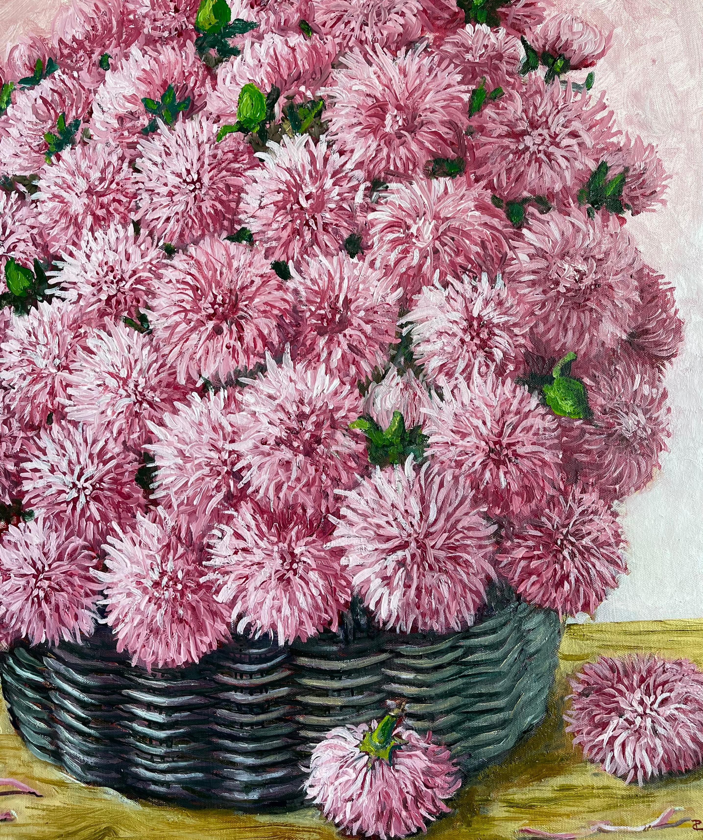  Rosa Chrysanthemen im Korb (Impressionismus), Painting, von Rafael Saldarriaga