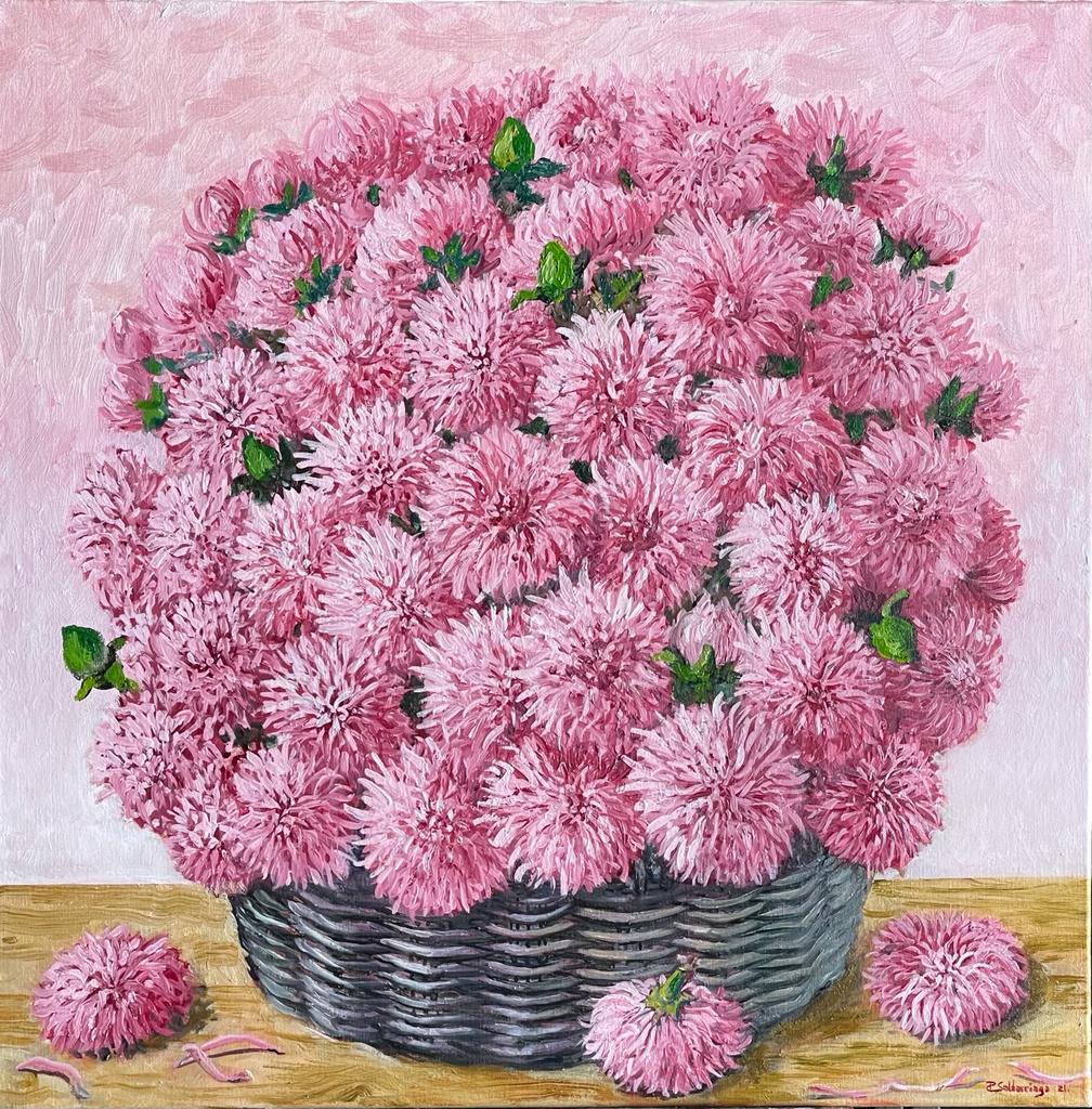 Pink Chrysanthemums In The Basket - Impressionist Painting by Rafael Saldarriaga