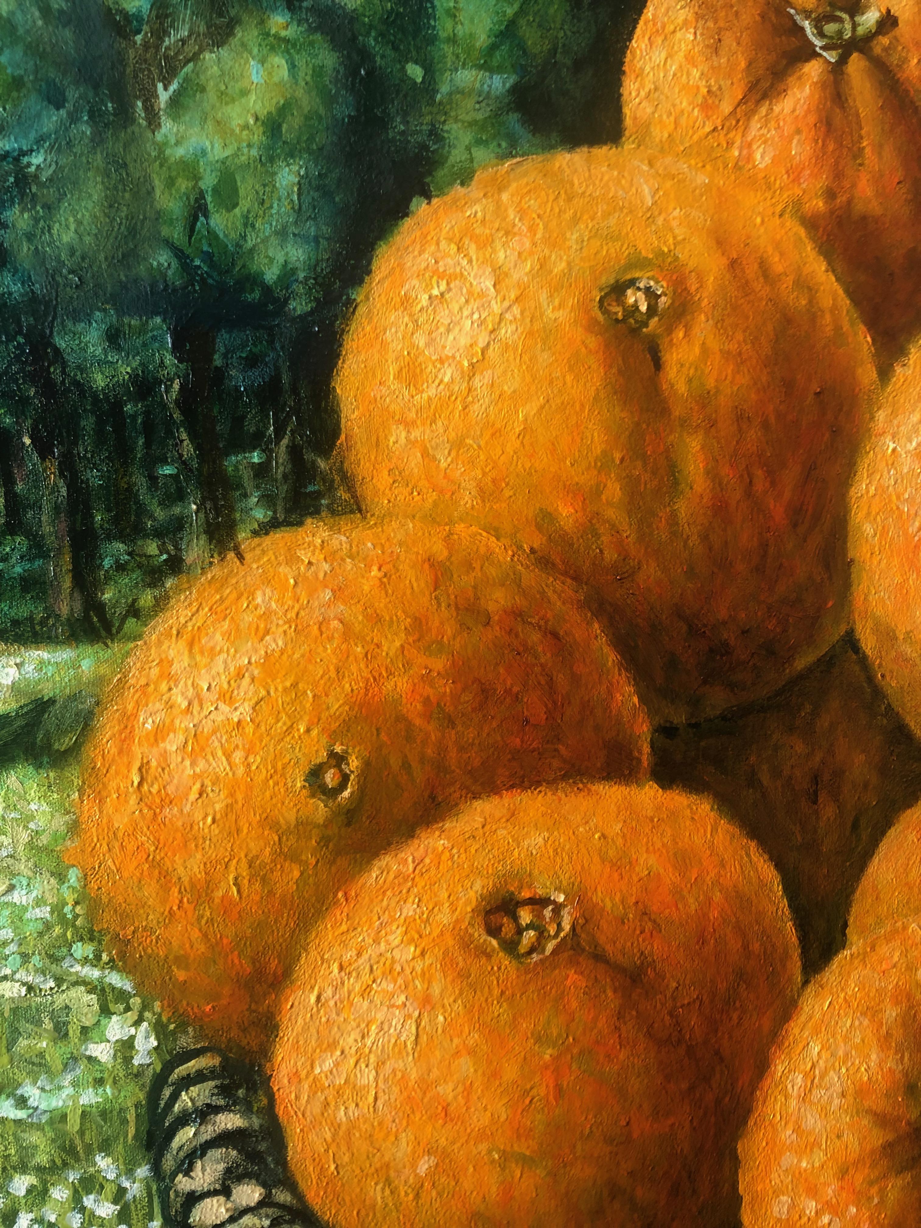  Korb mit Orangefarbenen Motiven in der Landschaft (Zeitgenössisch), Painting, von Rafael Saldarriaga