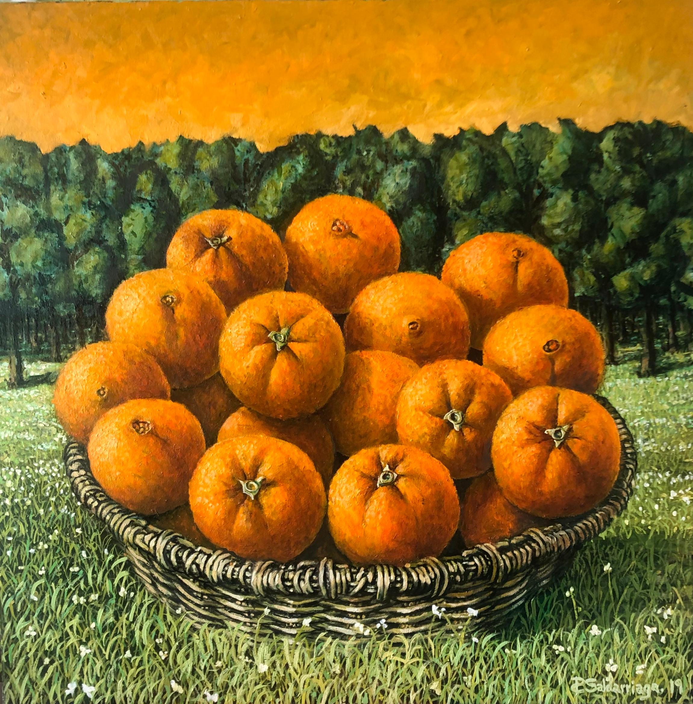 Rafael Saldarriaga Figurative Painting –  Korb mit Orangefarbenen Motiven in der Landschaft