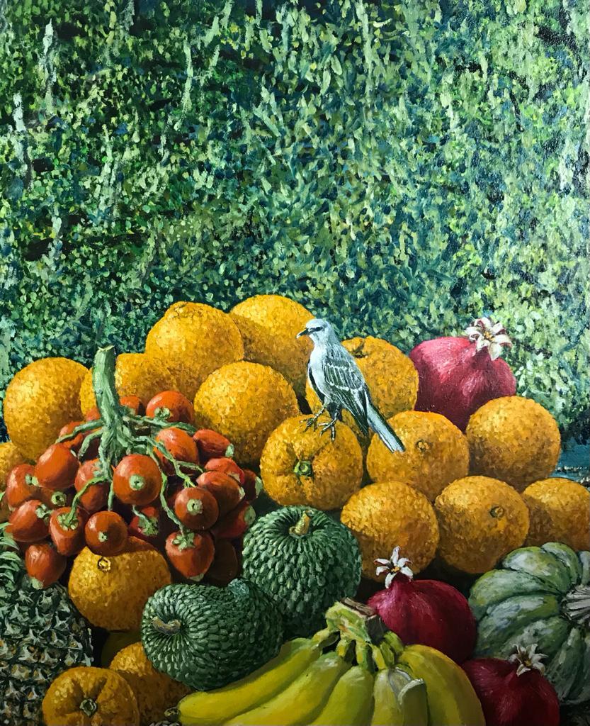 Large Landscape with Exotic Fruit Basket - Painting by Rafael Saldarriaga