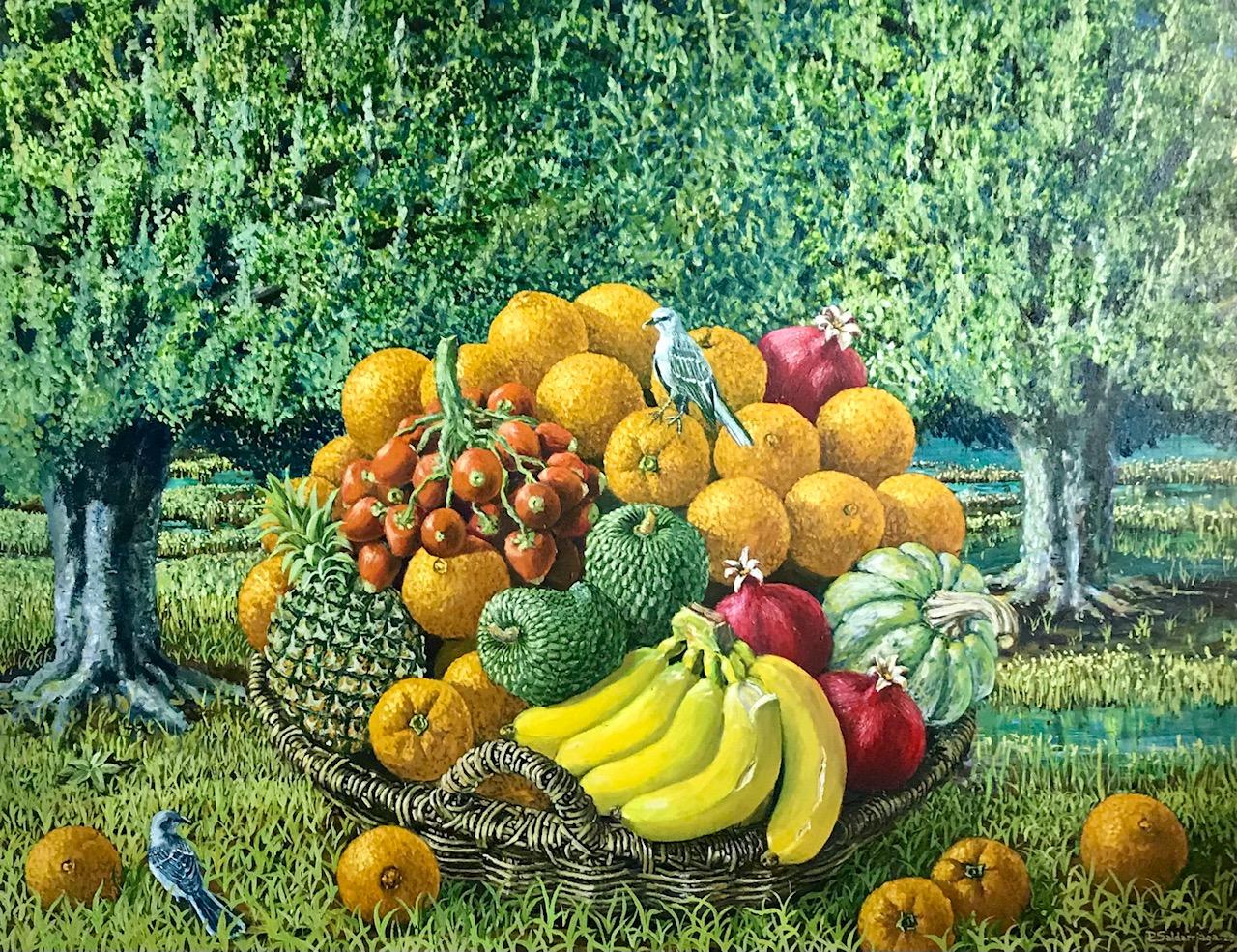 Rafael Saldarriaga Landscape Painting - Large Landscape with Exotic Fruit Basket