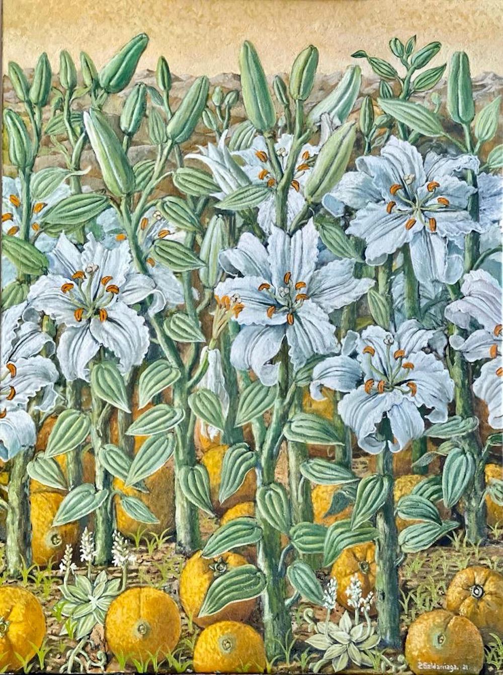 White Lilies Naranjas Still Life  - Painting by Rafael Saldarriaga