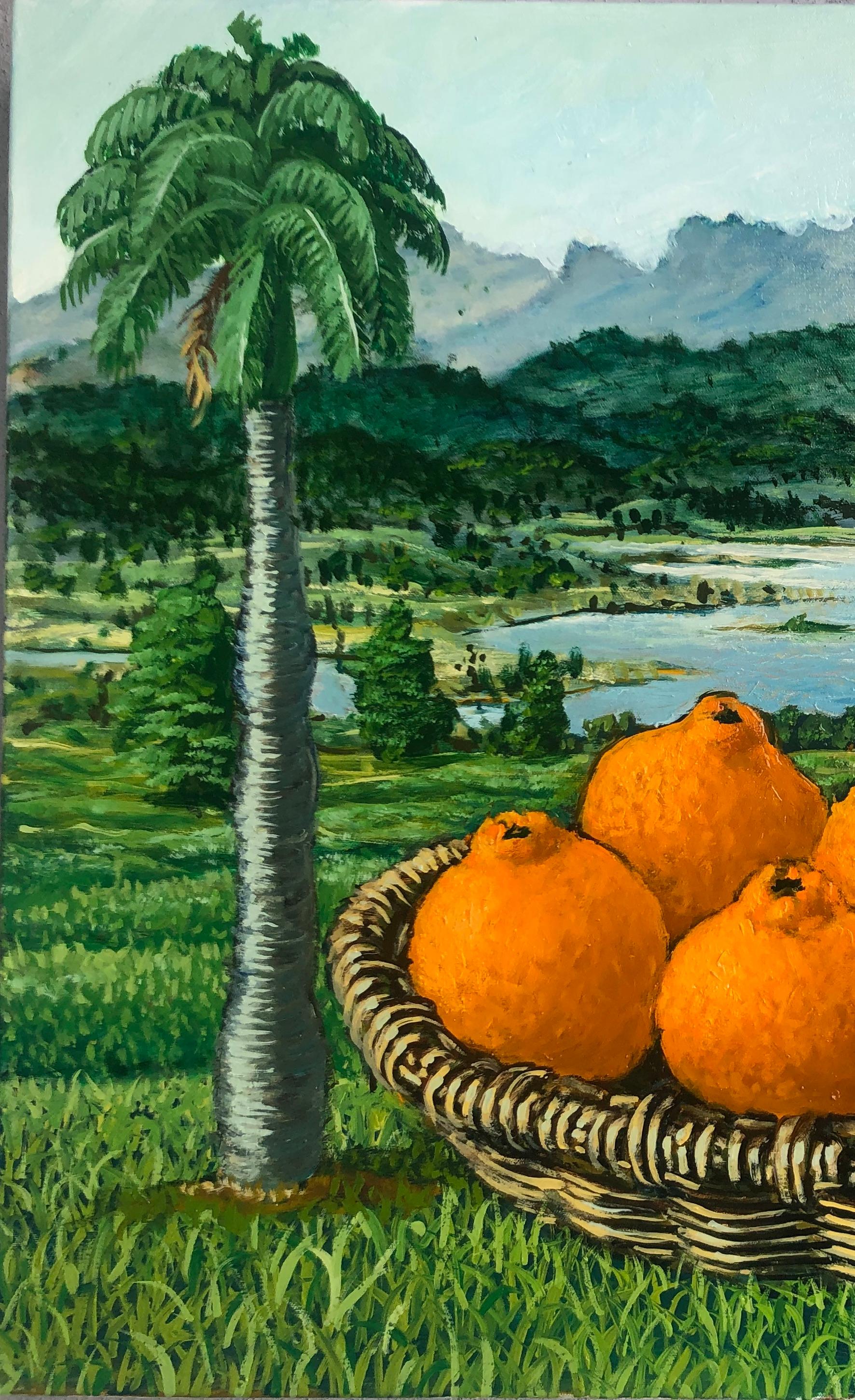 Oranges In The Basket Between Palm Trees - Painting by Rafael Saldarriaga