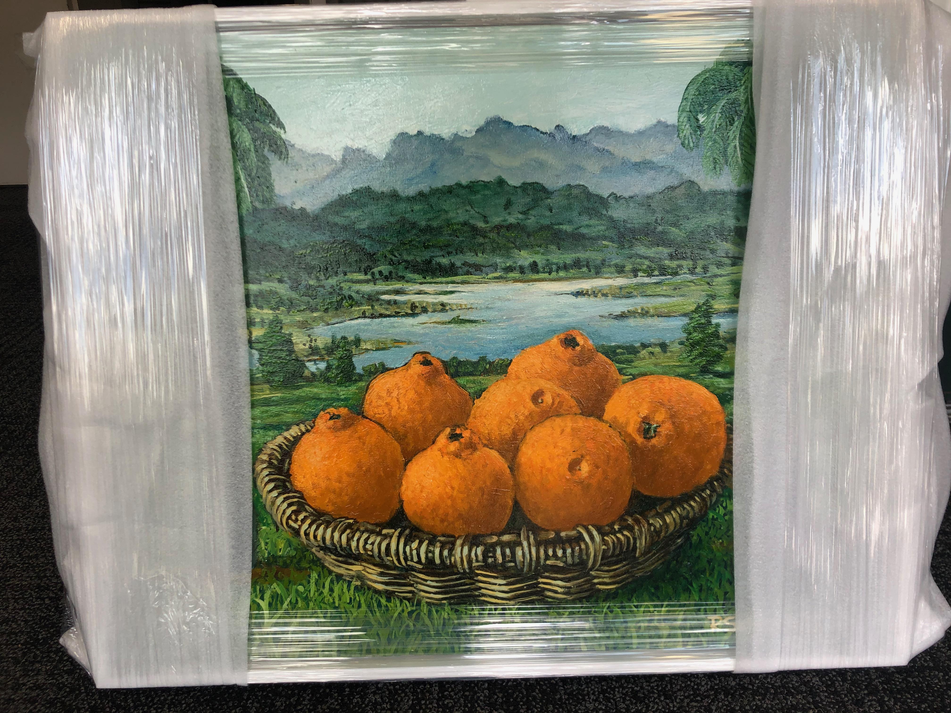 Oranges In The Basket Between Palm Trees - Black Landscape Painting by Rafael Saldarriaga