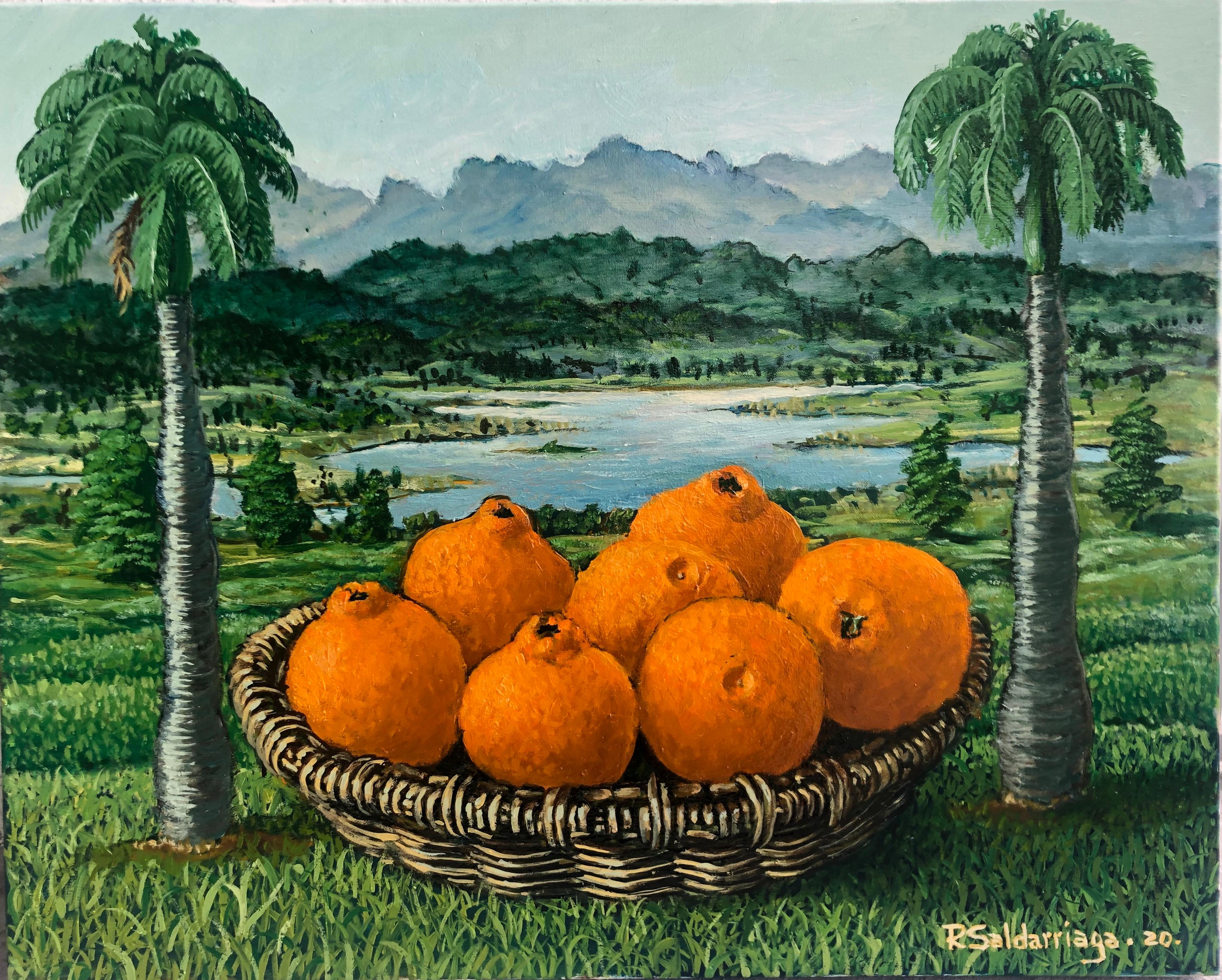 Rafael Saldarriaga Landscape Painting - Oranges In The Basket Between Palm Trees