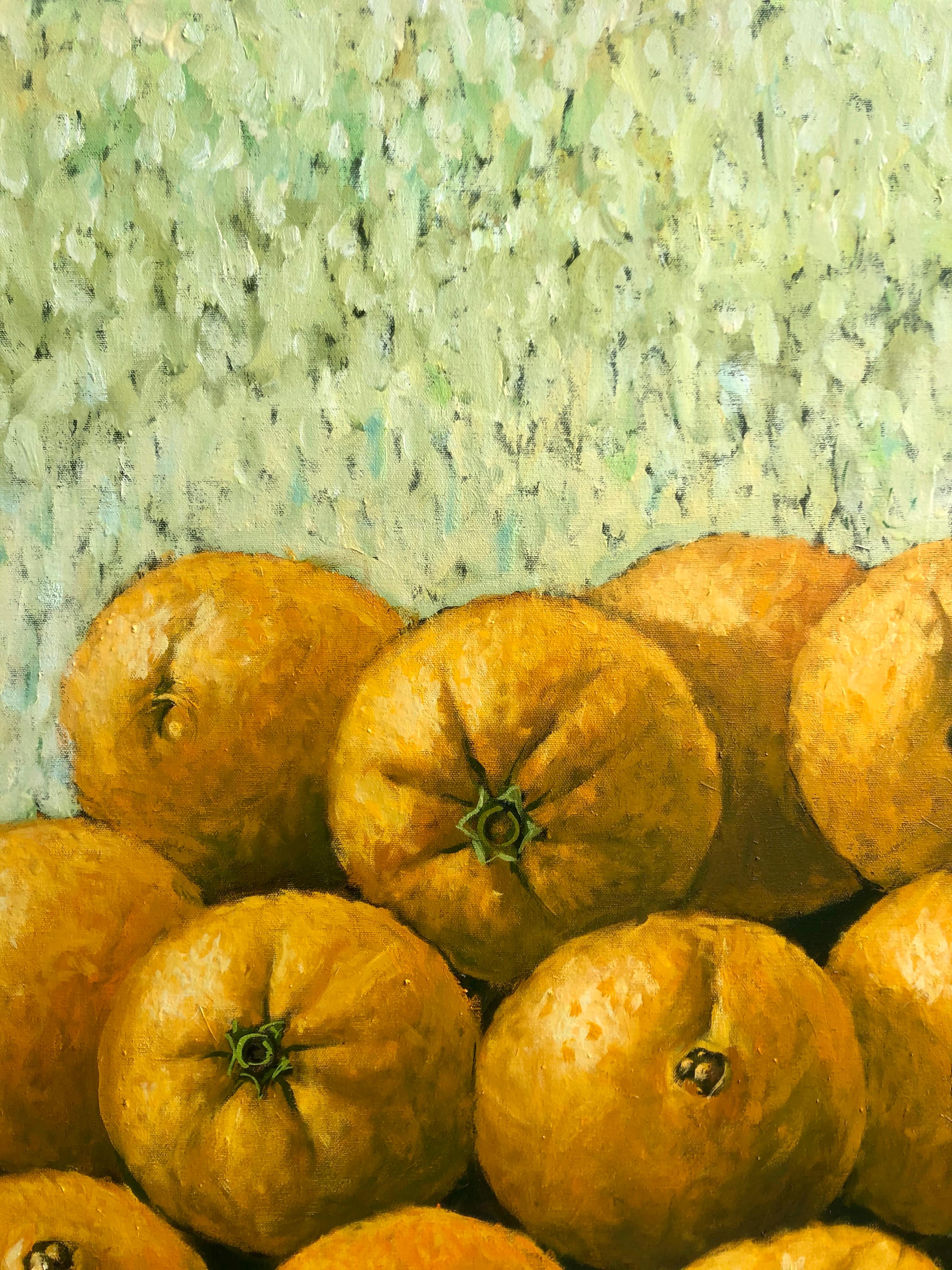  Orangen im Korb   (Braun), Figurative Painting, von Rafael Saldarriaga