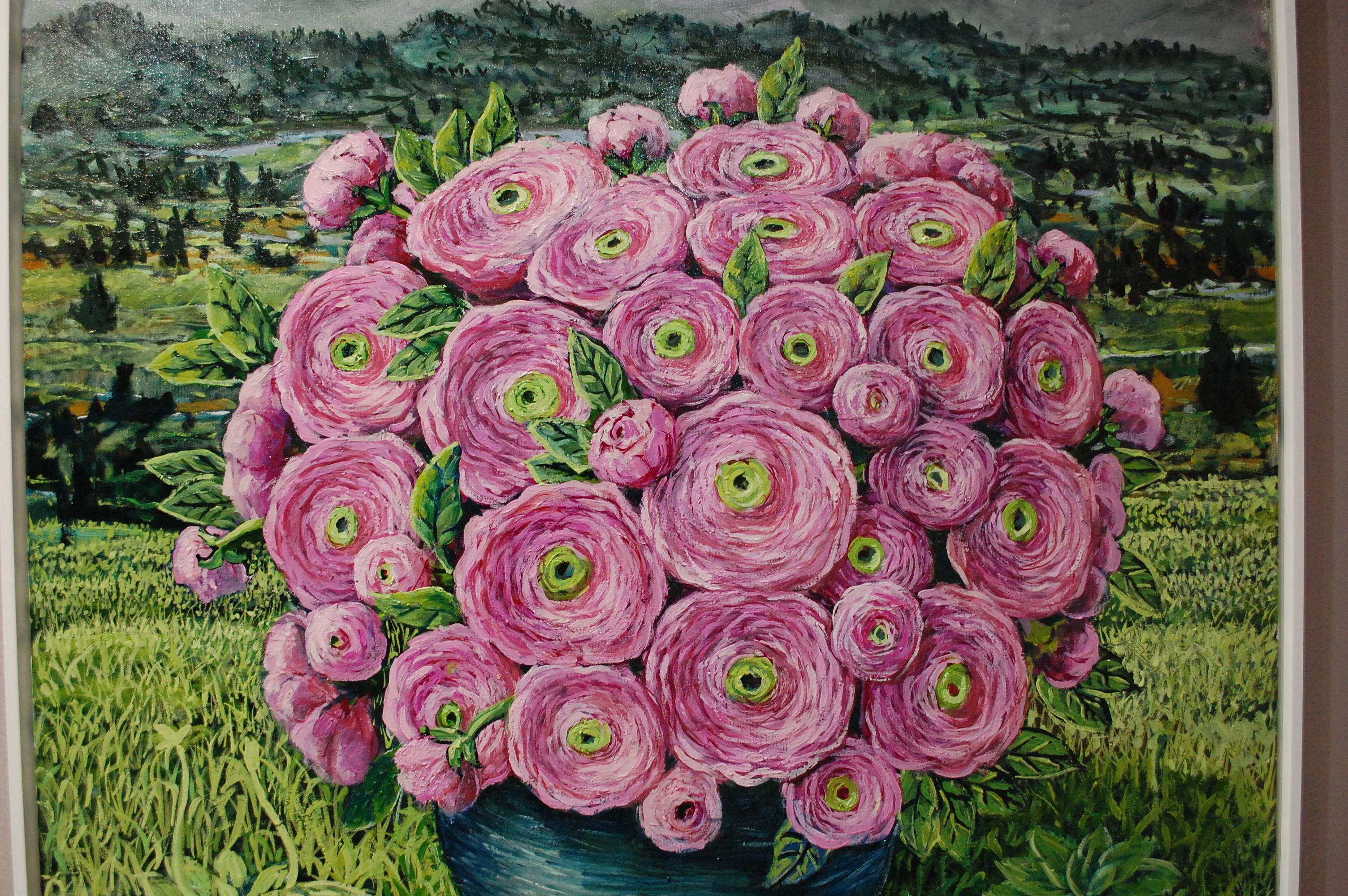 Pink Ranunculus Flowers In The Basket - Contemporary Painting by Rafael Saldarriaga