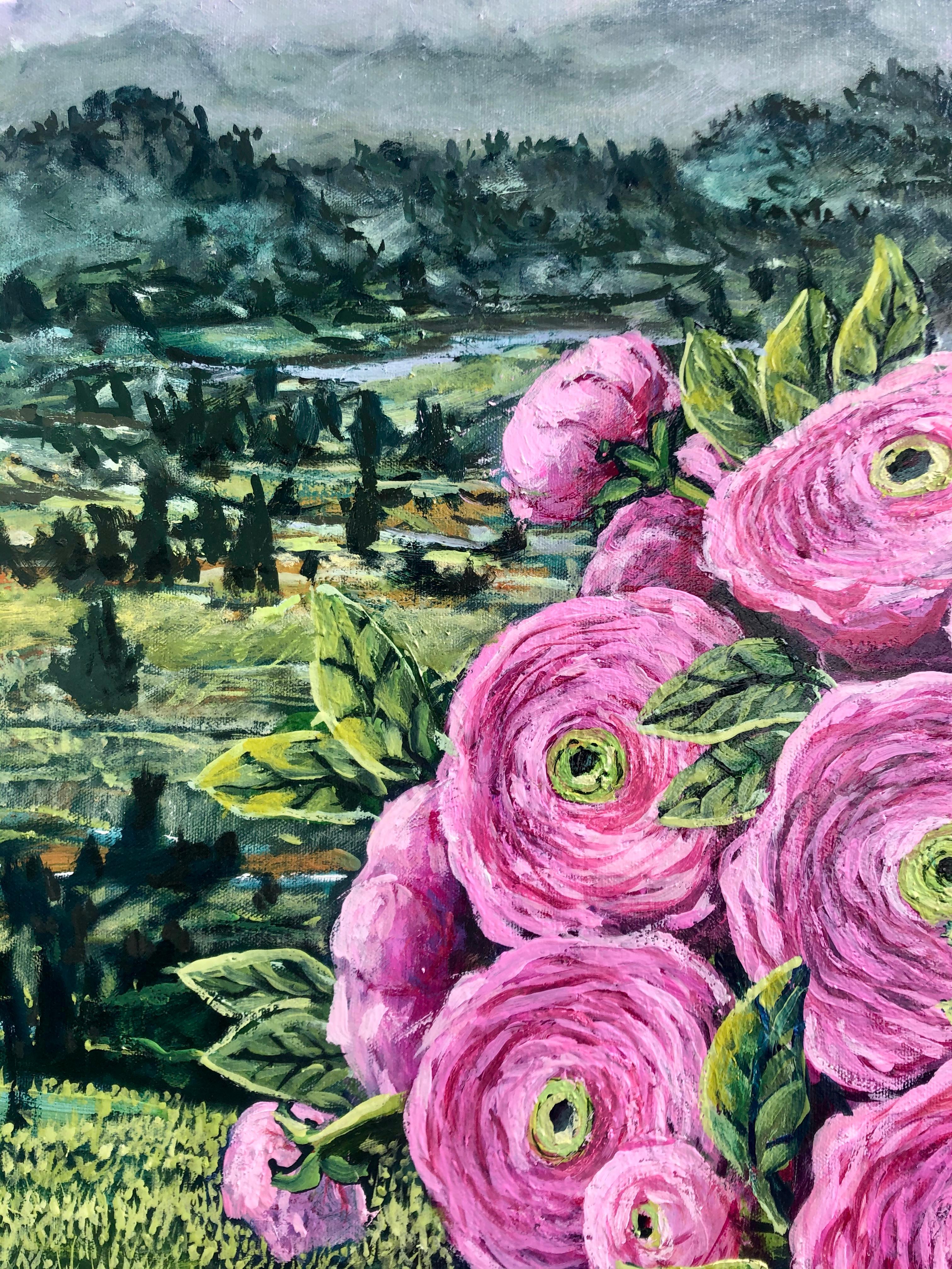 Pink Ranunculus Flowers In The Basket - Painting by Rafael Saldarriaga