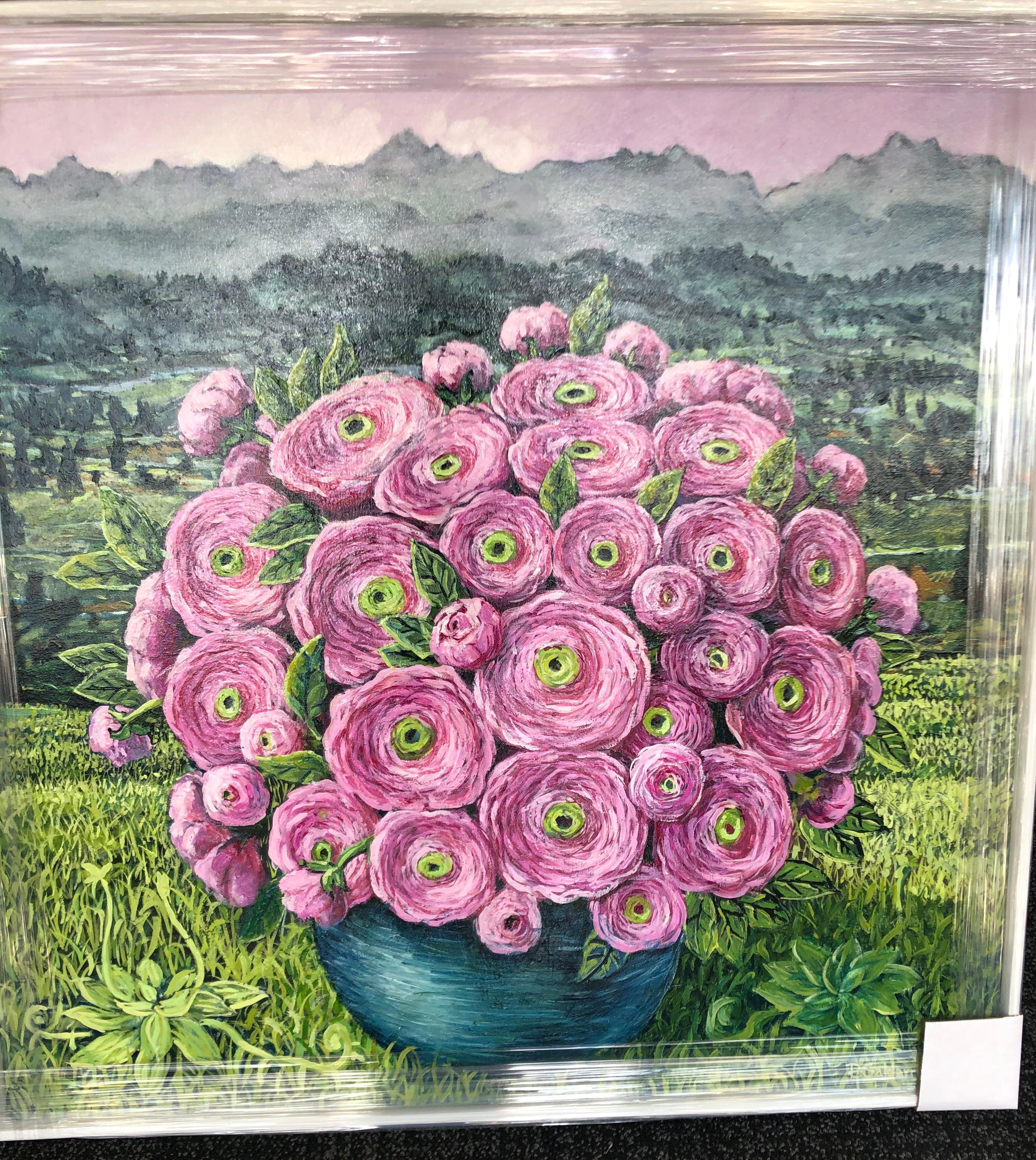 Pink Ranunculus Flowers In The Basket - Gray Still-Life Painting by Rafael Saldarriaga
