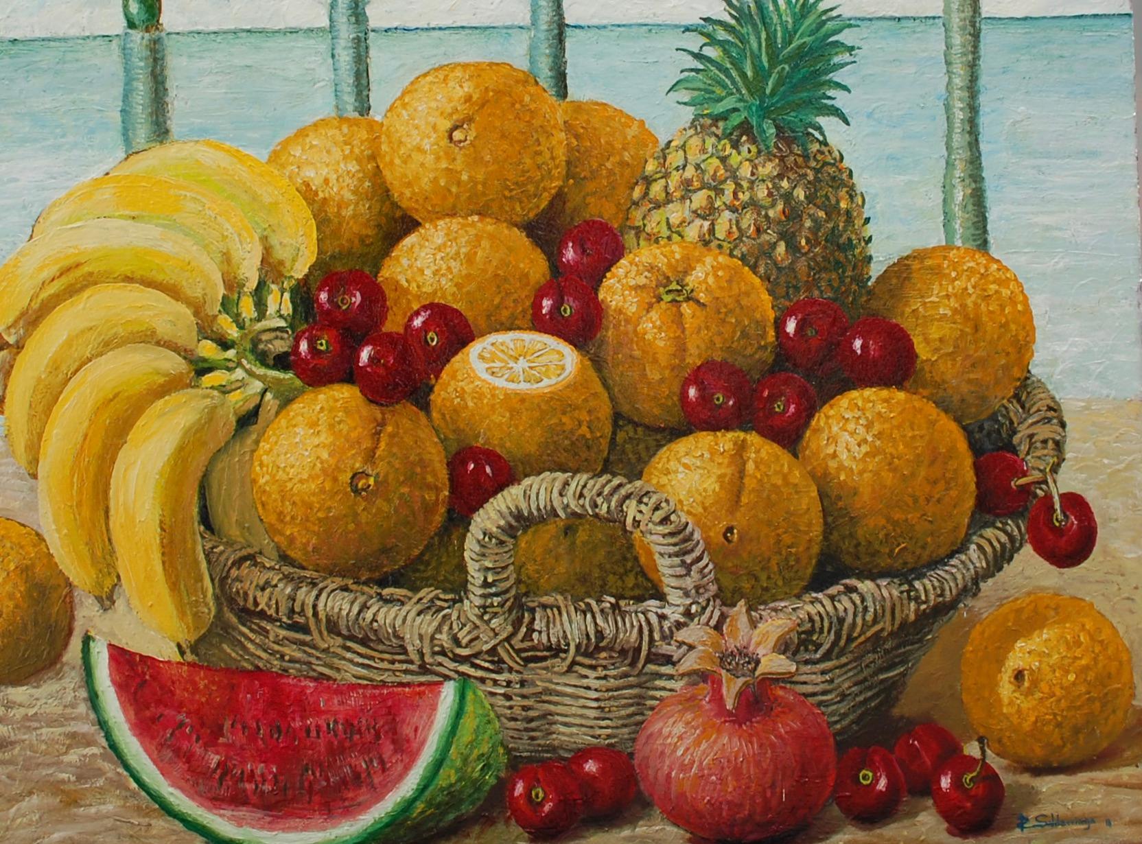 Stillleben mit tropischen Früchten im Korb – Painting von Rafael Saldarriaga