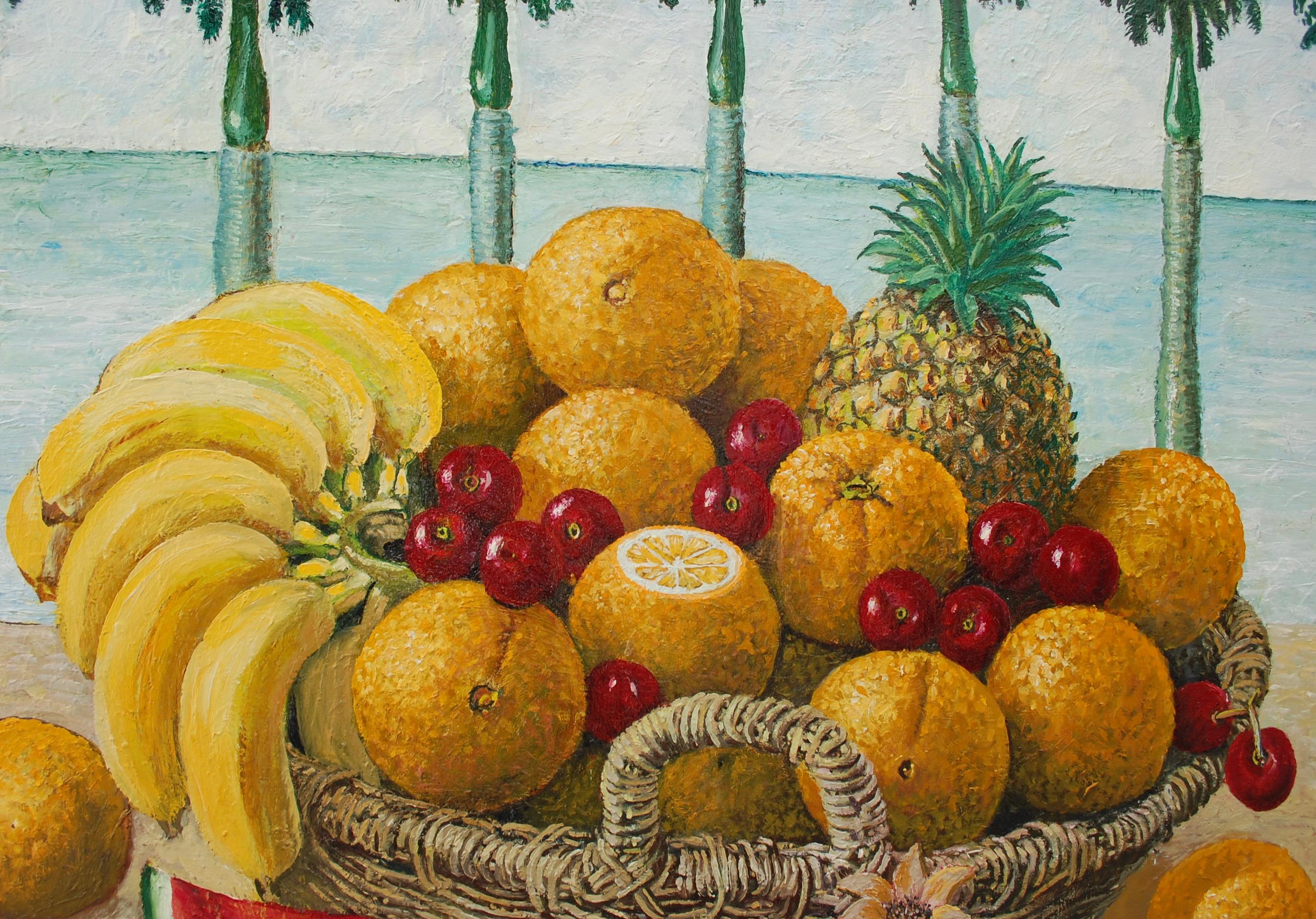 Nature morte avec des fruits tropicaux dans le panier - Contemporain Painting par Rafael Saldarriaga