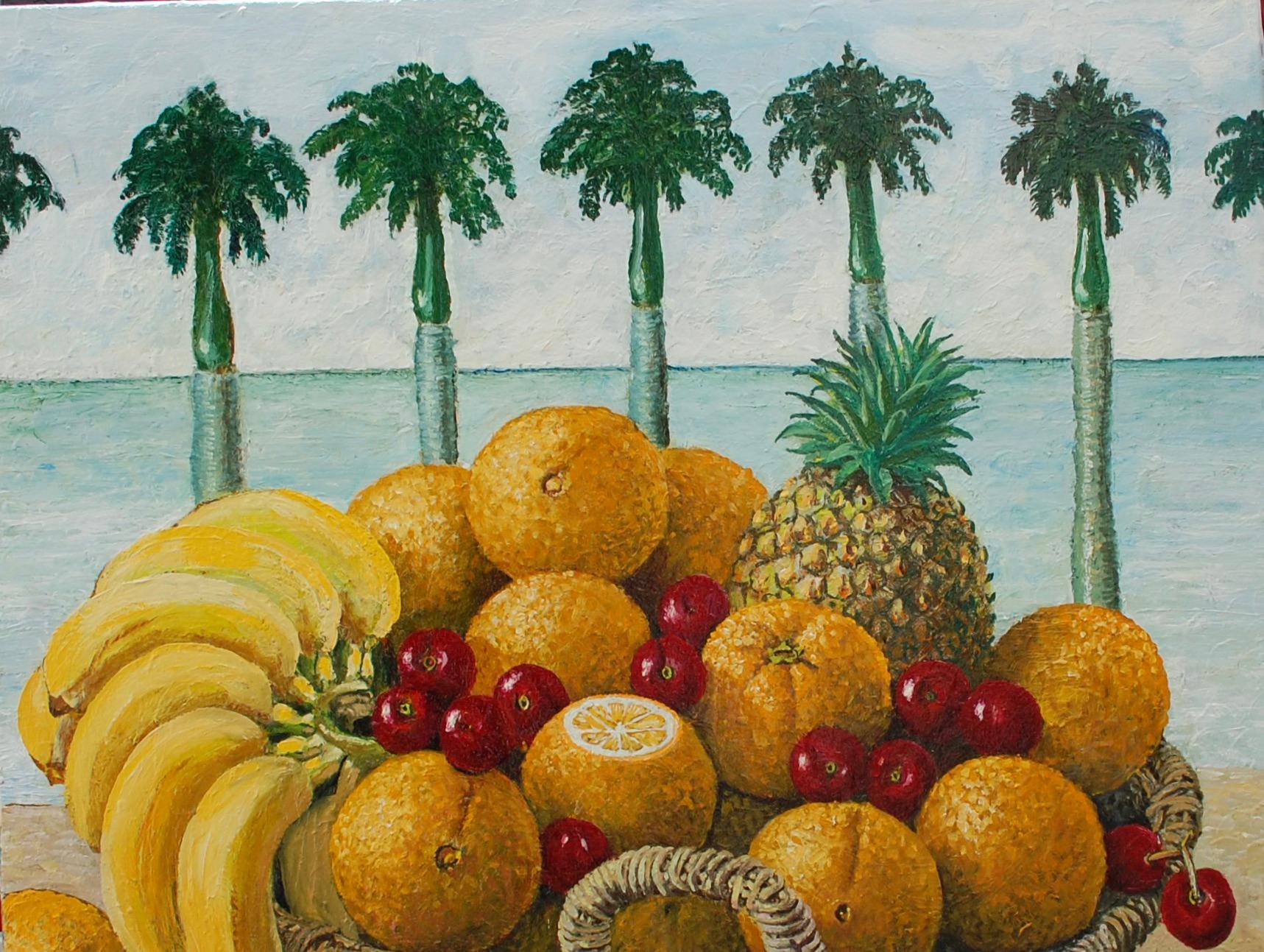  Tropical Fruit In The Basket - Gray Figurative Painting by Rafael Saldarriaga