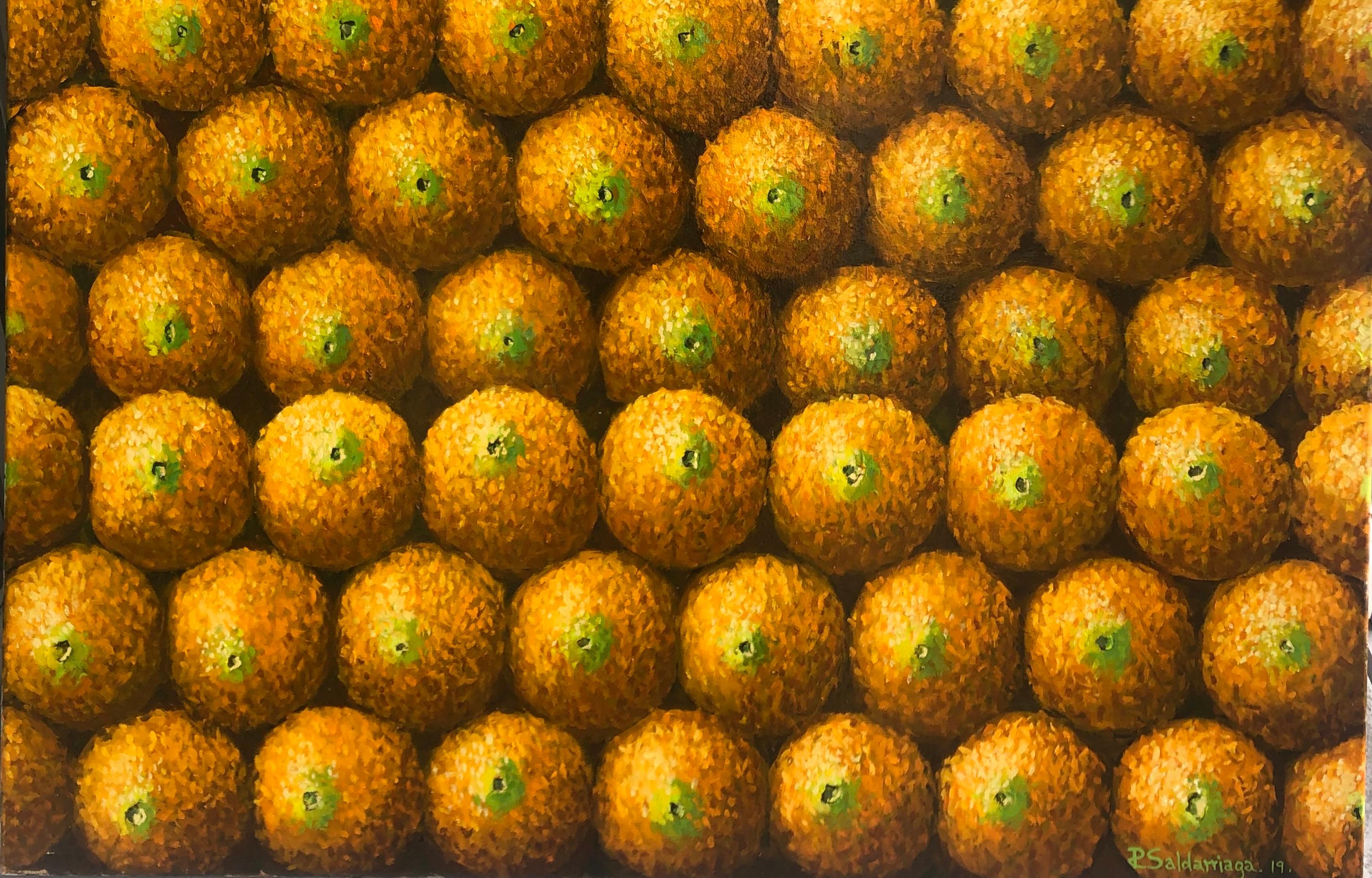 Wall Of Oranges   - Brown Figurative Painting by Rafael Saldarriaga