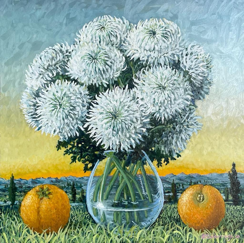 Rafael Saldarriaga Still-Life Painting - White Chrysanthemum And Oranges